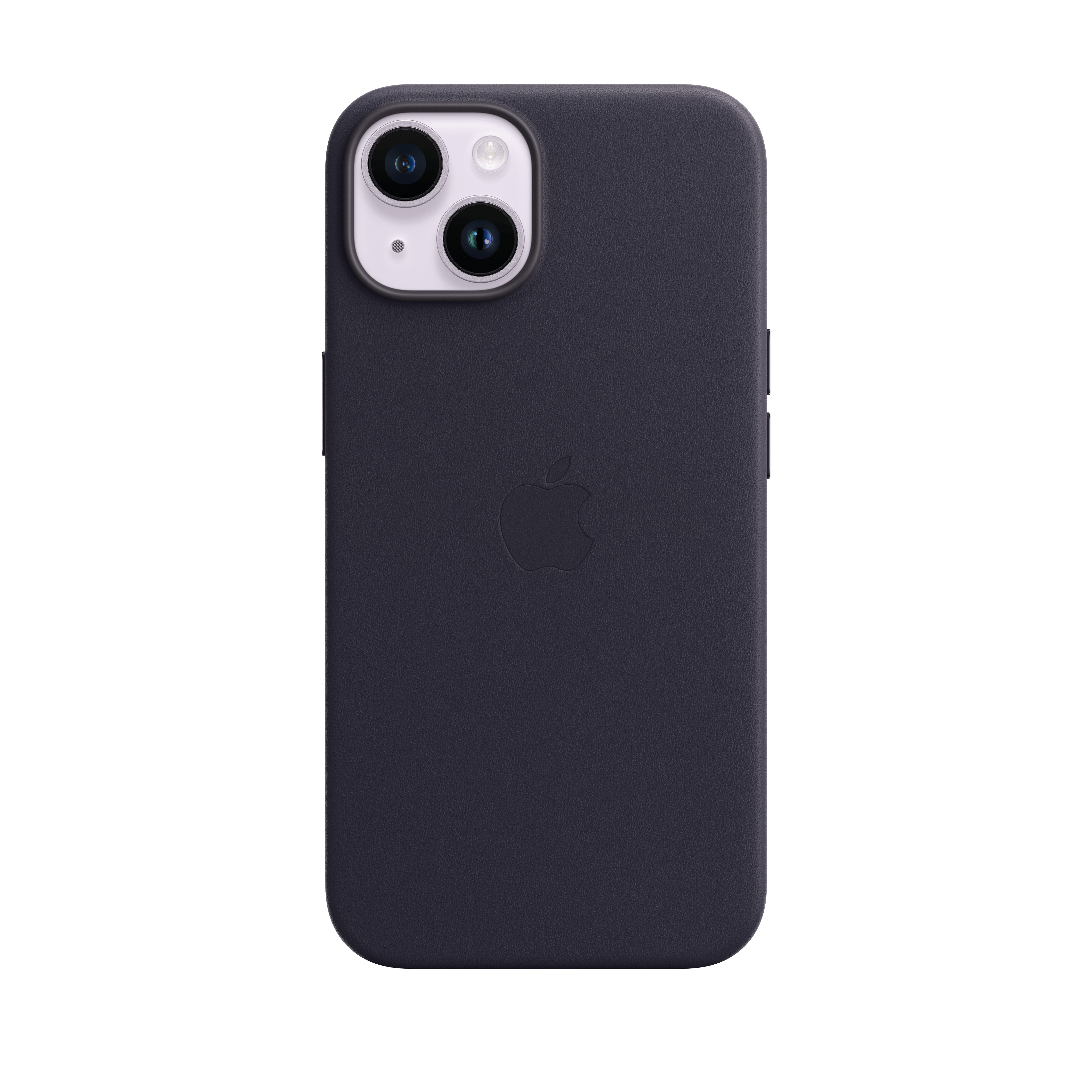 Una custodia per iPhone blu scuro. Sono visibili il logo Apple e le lenti della fotocamera. Lo sfondo è bianco.
