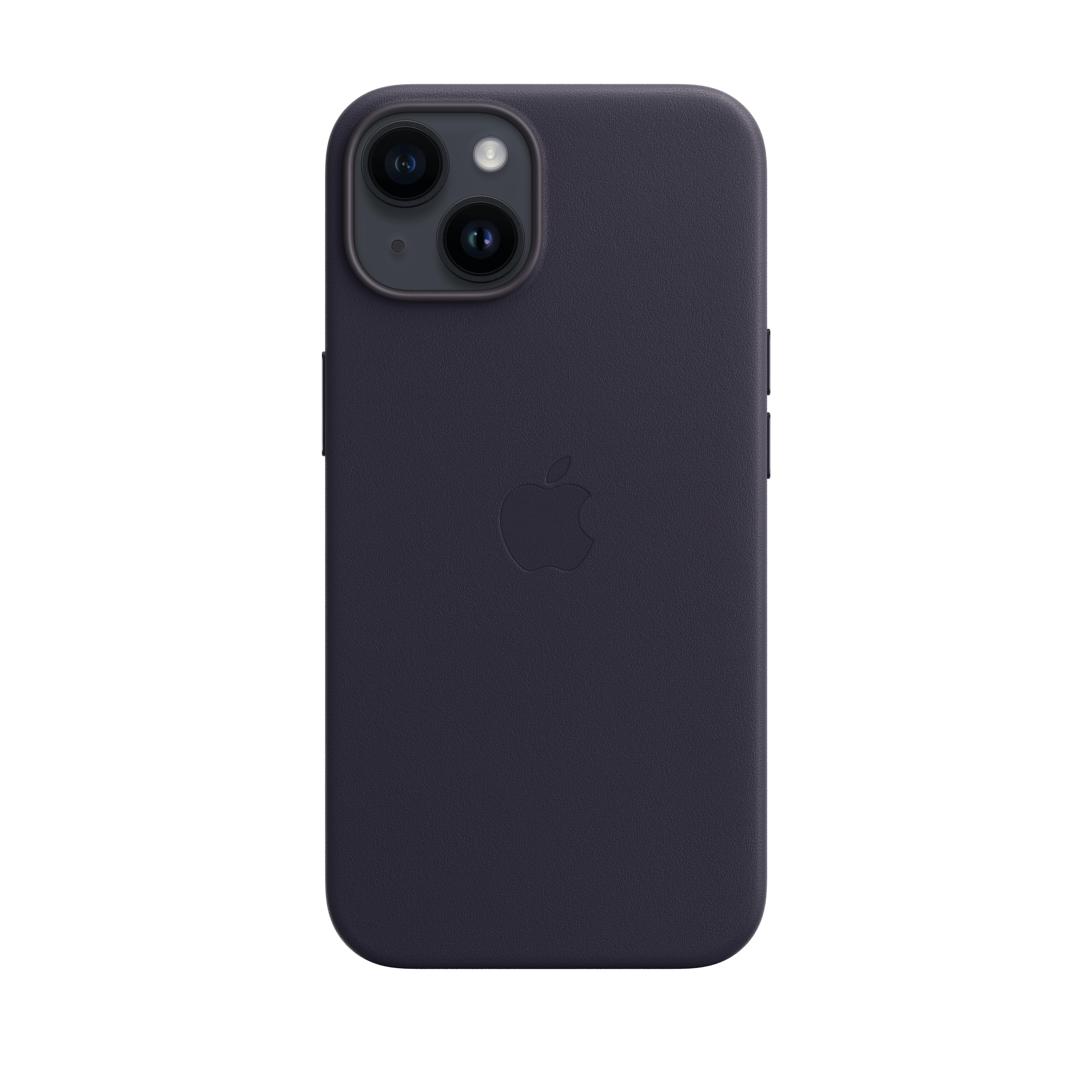 Una custodia per iPhone viola scuro. Ha due lenti della fotocamera, un flash e un logo Apple. Lo sfondo è bianco.