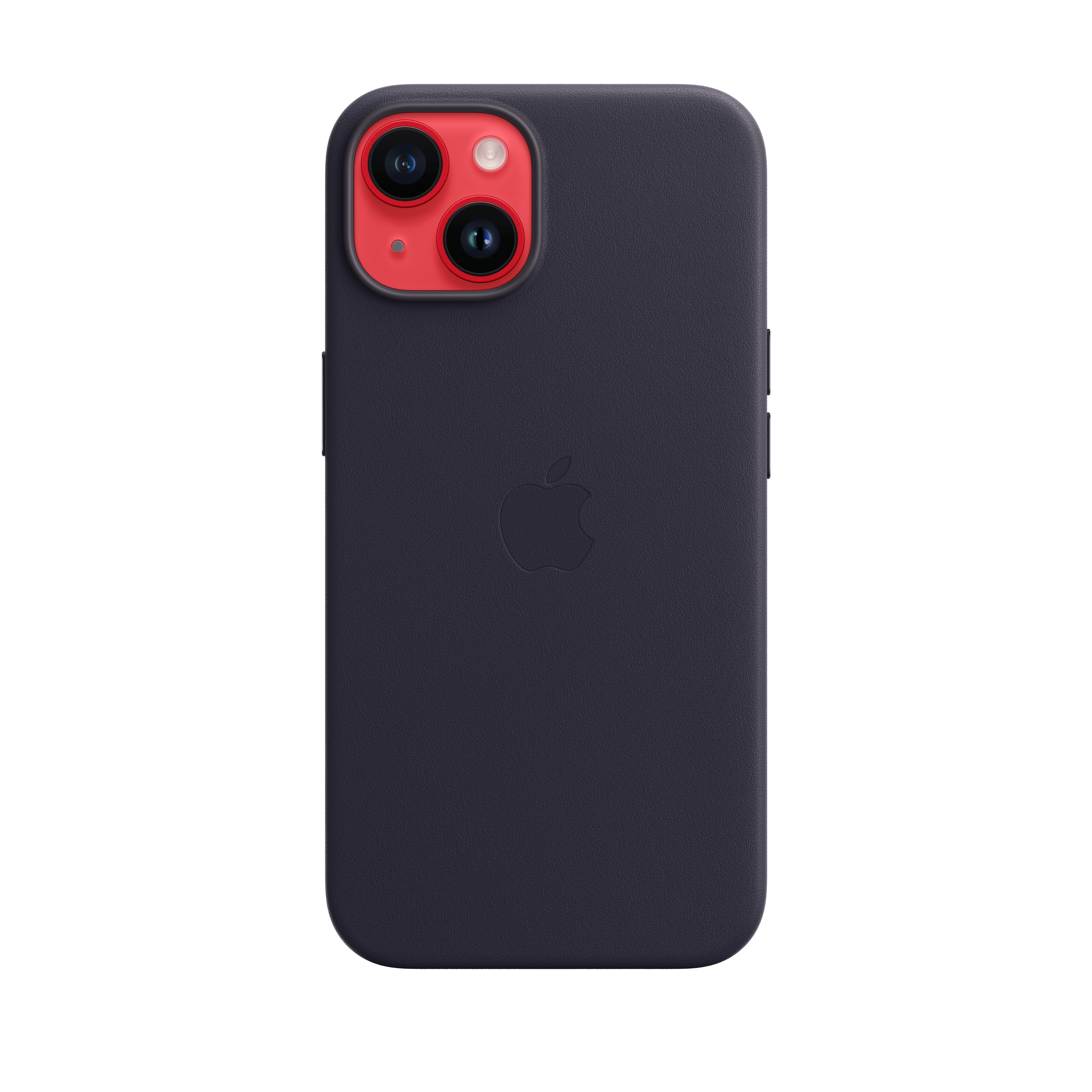 Custodia blu scuro con modulo fotocamera rosso. Logo Apple in rilievo sulla custodia.