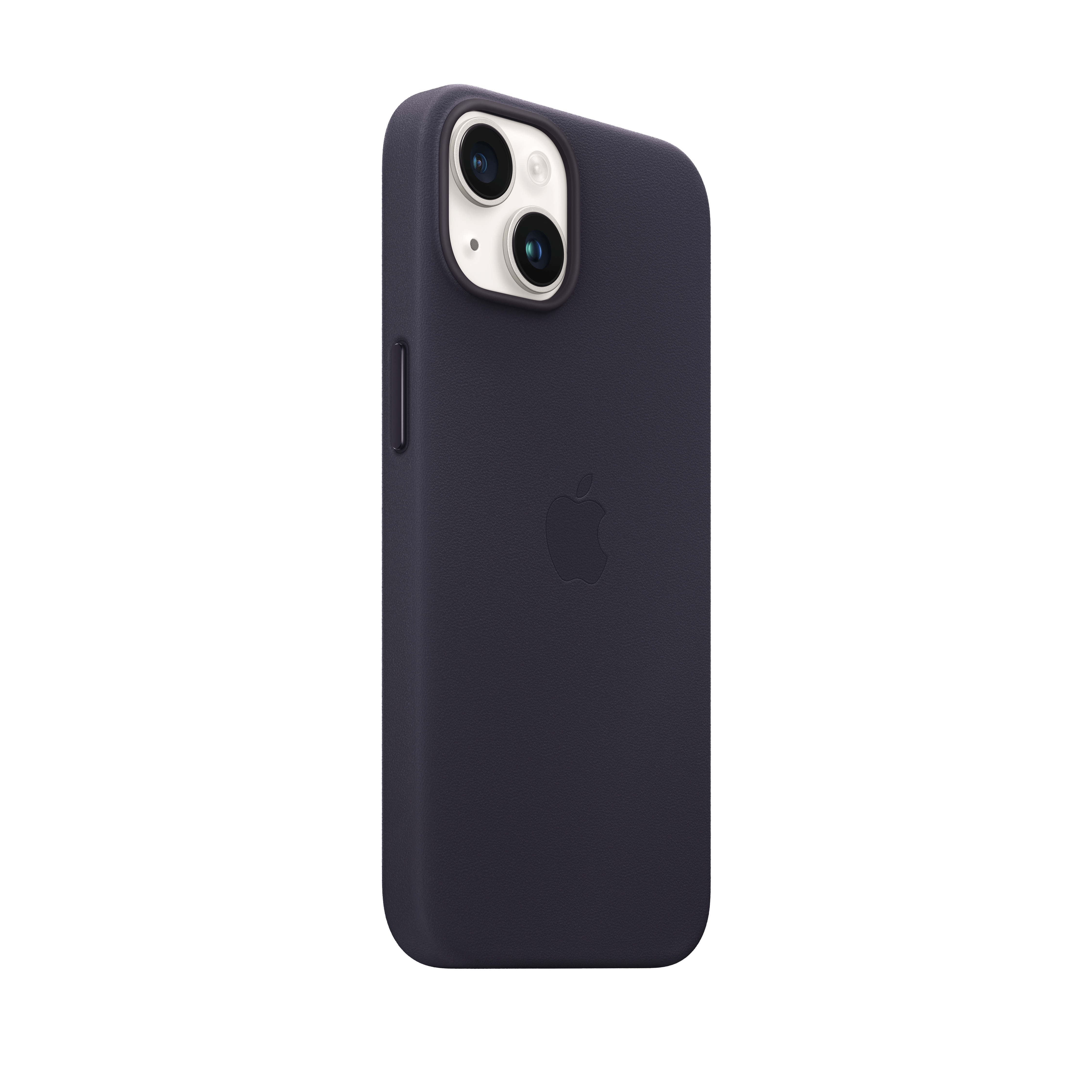 Una custodia per telefono blu scuro. Ha il logo Apple e ritagli per la fotocamera. Lo sfondo è bianco.