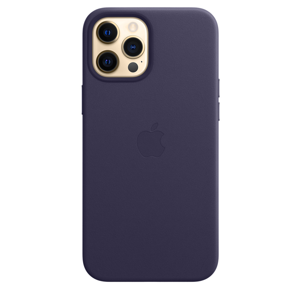 A dark blue iPhone case with three gold camera lenses and an Apple logo. The case has a textured surface.