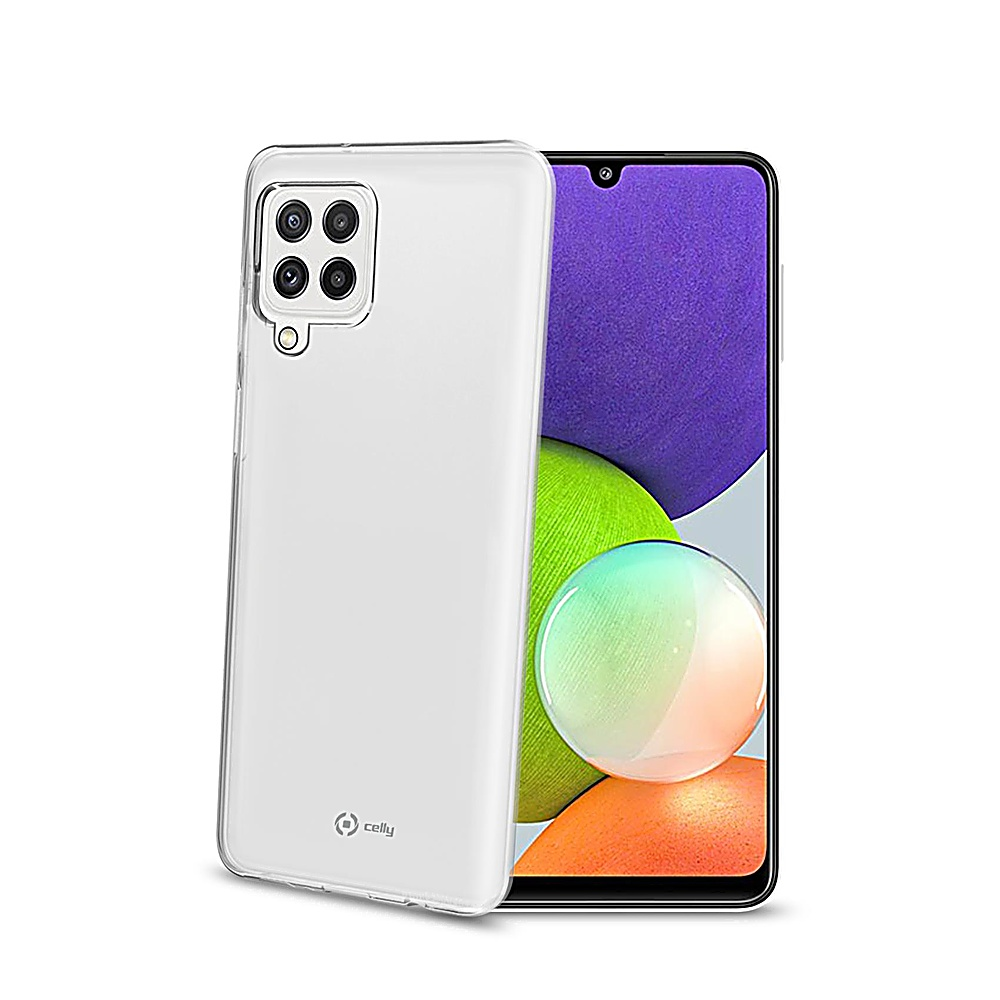 Una custodia trasparente per telefono accanto a uno smartphone con schermo colorato. La custodia ha un ritaglio per la fotocamera, e il marchio 'celly' è visibile.
