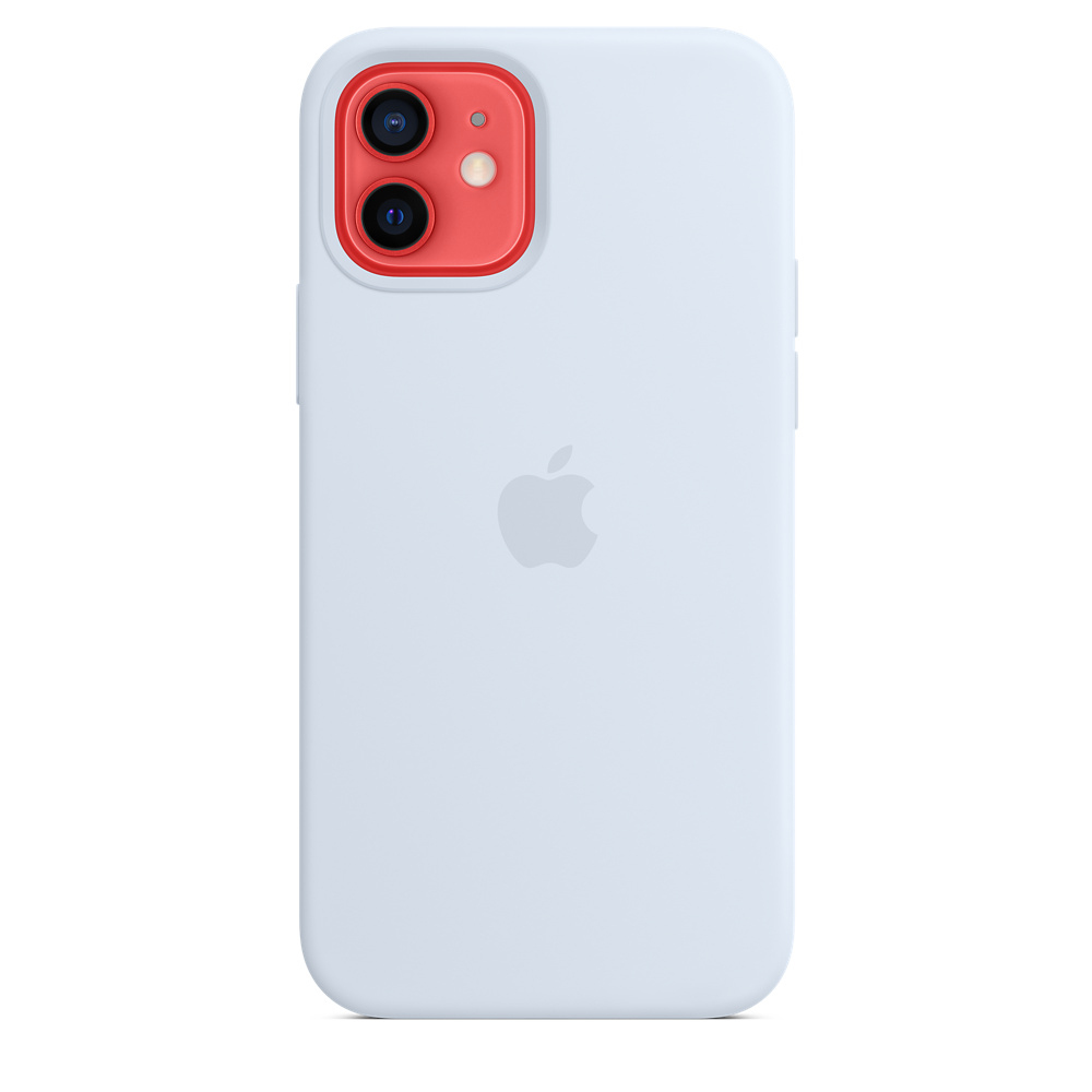 Ein hellblaues iPhone mit rotem Kameramodul. Das Apple-Logo befindet sich in der Mitte. Die Hülle bedeckt das Telefon.