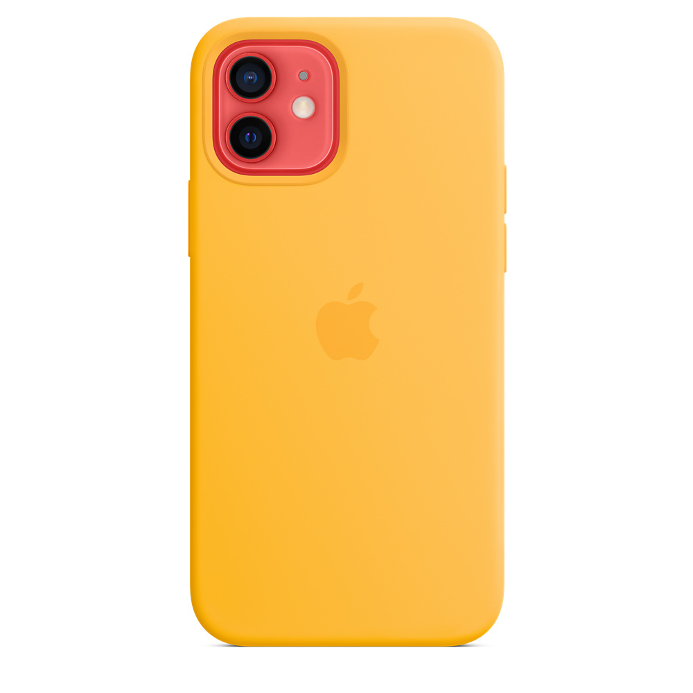 A yellow iPhone 12 with a matching case. The camera module is red. An Apple logo is on the back.