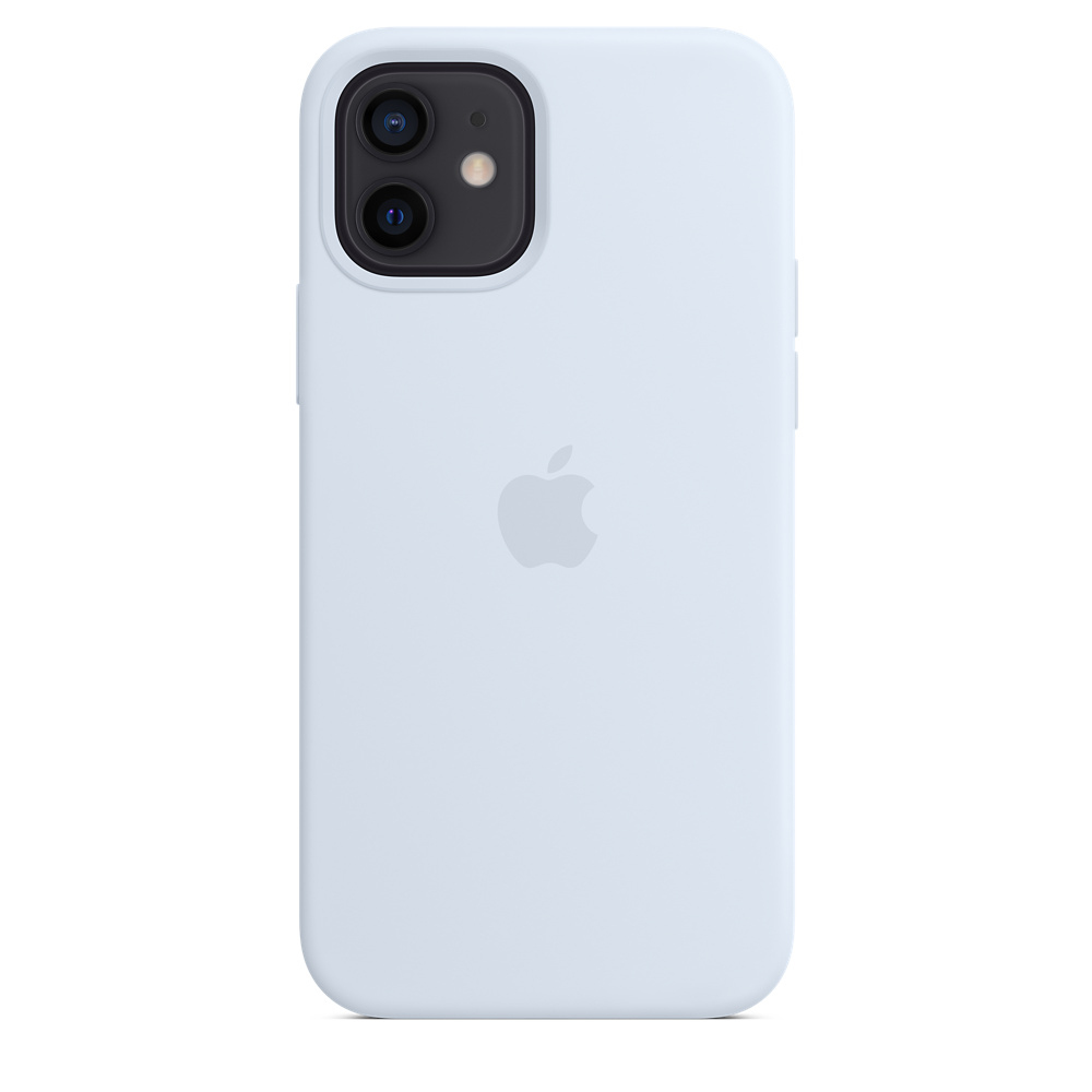 Ein hellblaues iPhone 12 in einer Hülle. Merkmale sind eine Dual-Kamera und das Apple-Logo auf der Rückseite.