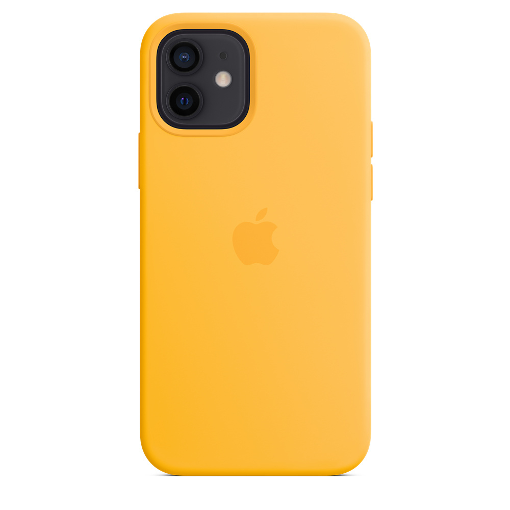 A yellow iPhone 12 Pro case. It has the Apple logo and dual-lens camera. The background is white.