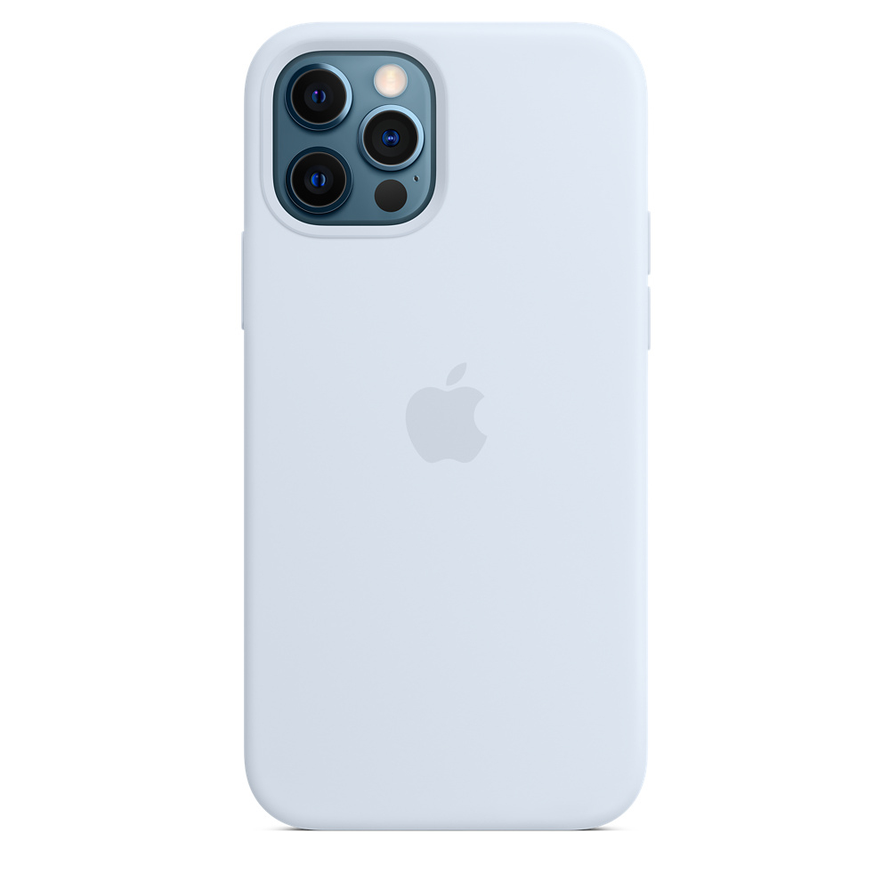 Ein hellblaues iPhone mit Schutzhülle. Auf der Rückseite sind das Apple-Logo und die Kameraanordnung zu sehen.