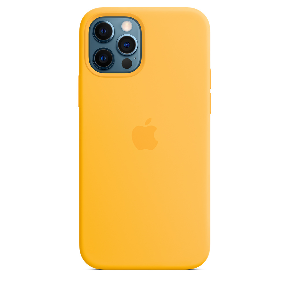 A yellow iPhone case with the Apple logo, featuring a camera module with three lenses on a blue background.