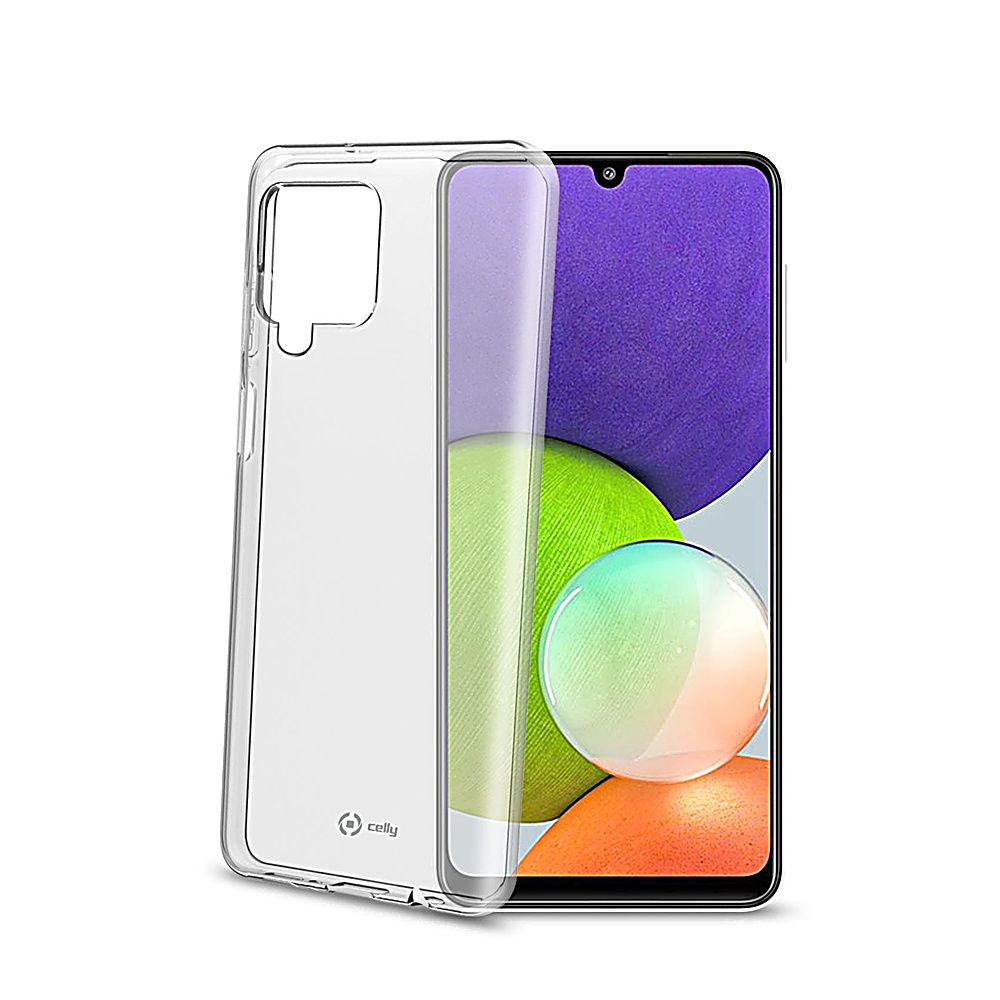 Una custodia trasparente per telefono accanto a uno smartphone con uno sfondo colorato, con sfumature verdi, viola e arancioni.