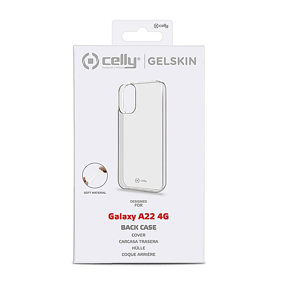 Una custodia trasparente Celly GelSkin per un Galaxy A22 4G è mostrata in una scatola bianca. La scatola presenta il logo del marchio e il nome del prodotto.