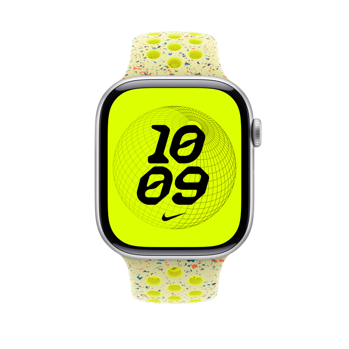 Apple Watch con schermo verde neon che mostra 10:09 e logo Nike. Il cinturino è giallo chiaro con macchie colorate.