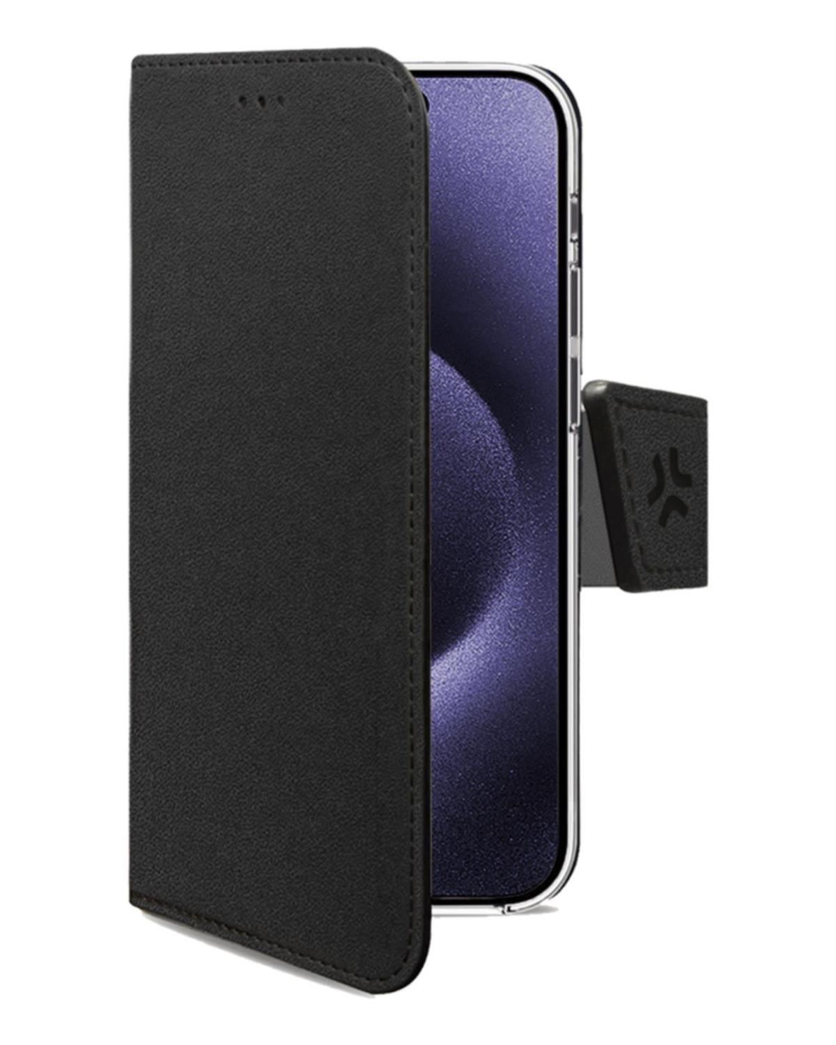 Custodia nera aperta, rivela schermo del telefono. La custodia ha chiusura magnetica con logo.