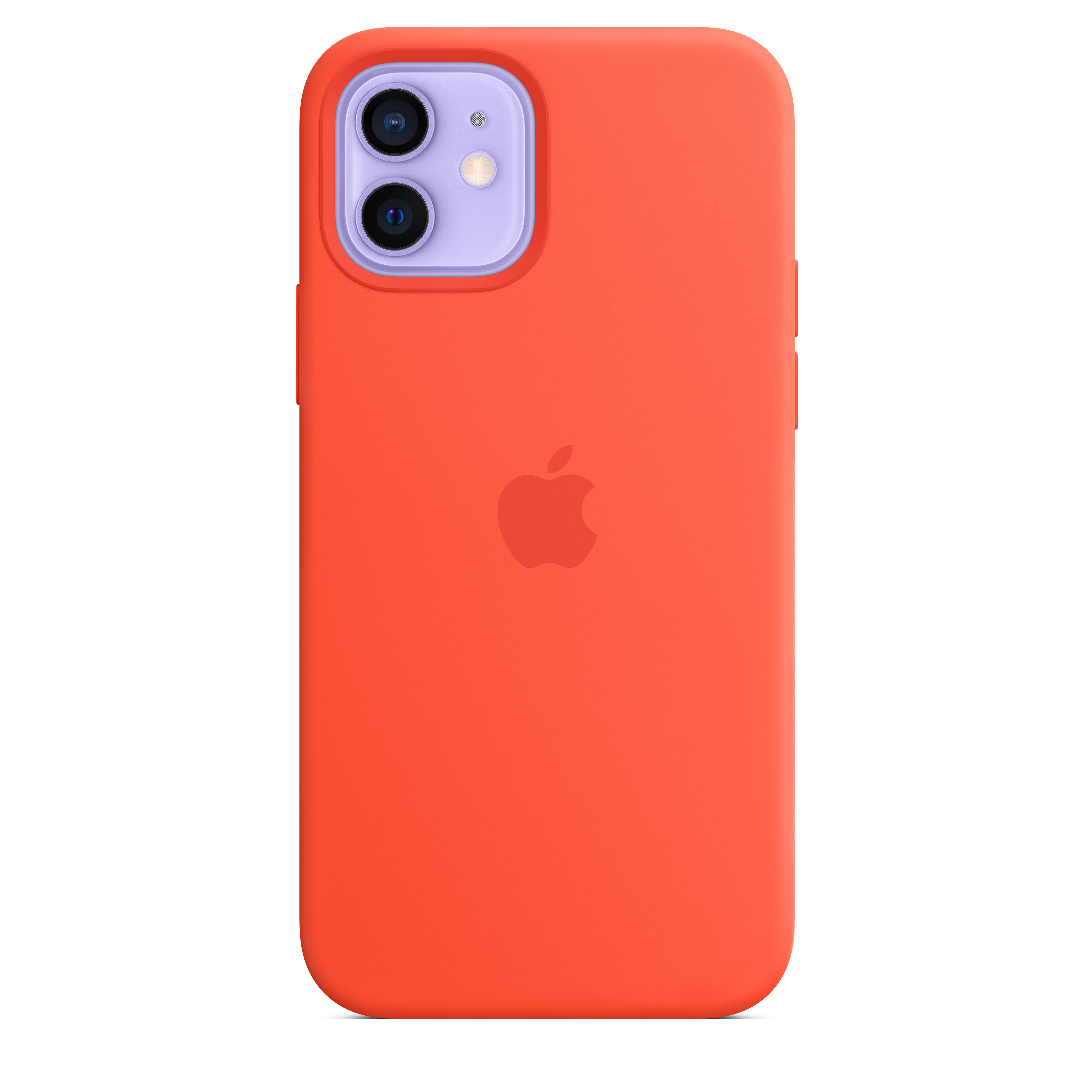 Eine orangefarbene iPhone-Hülle. Sie hat ein lila Kameramodul. Ein Apple-Logo ist zentriert. Der Hintergrund ist weiß.