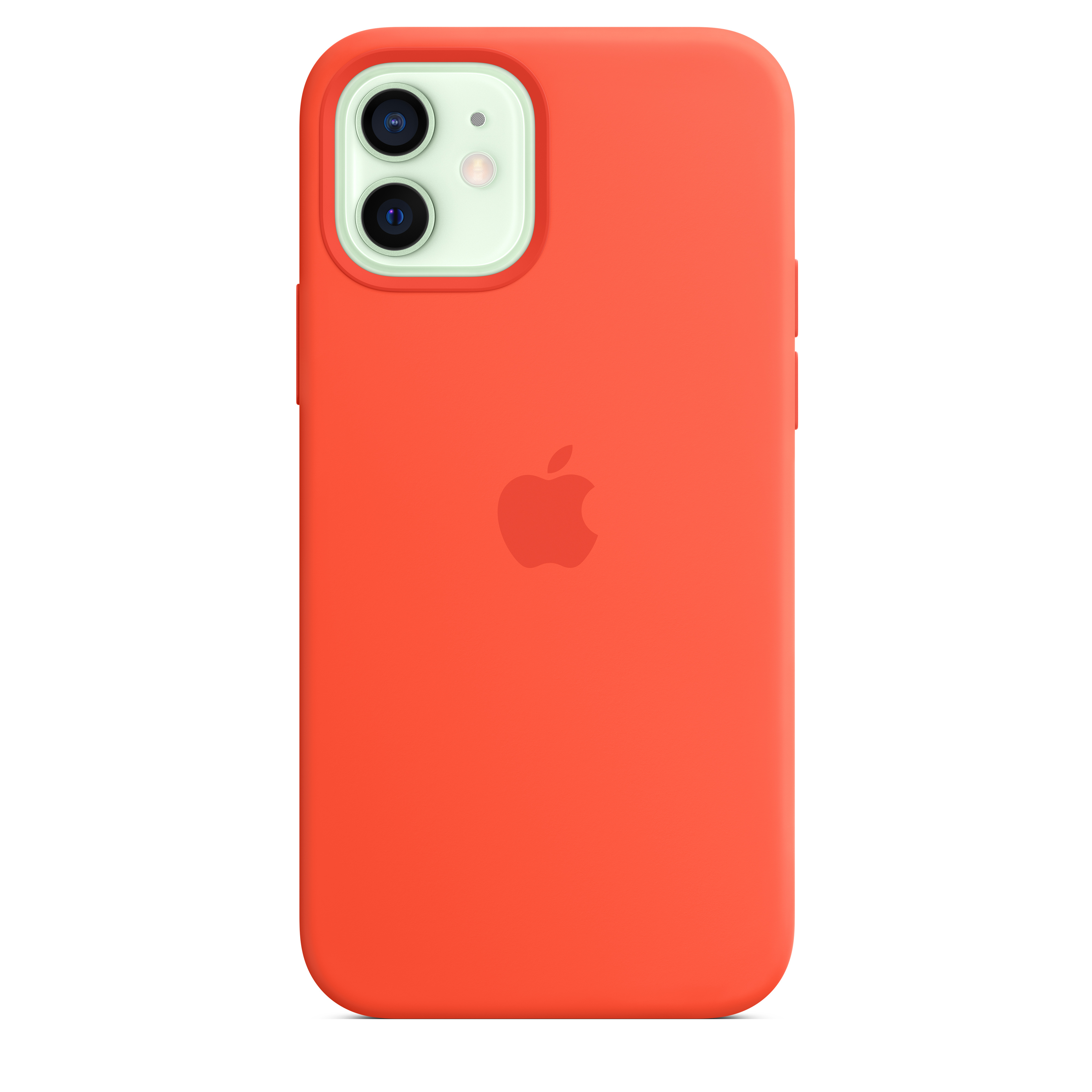 Eine orangefarbene iPhone-Hülle. Sie hat einen Kameraausschnitt, das Apple-Logo und Lautstärketasten.