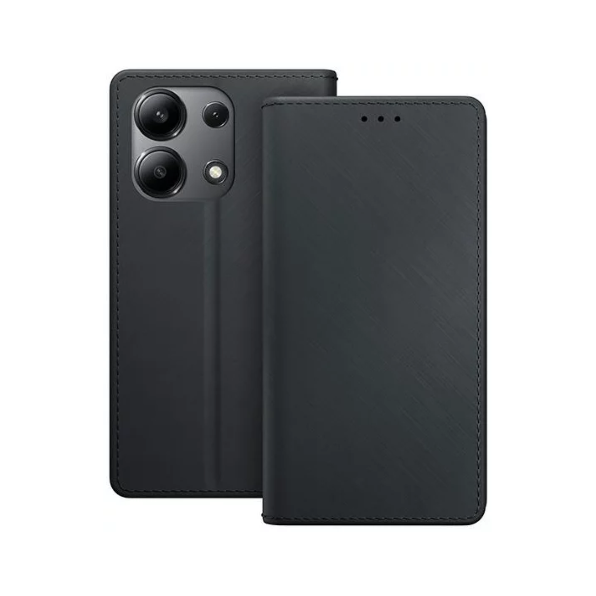 Custodia nera per telefono con fori per la fotocamera e copertina a libro. La custodia è aperta, mostrando il retro del telefono.