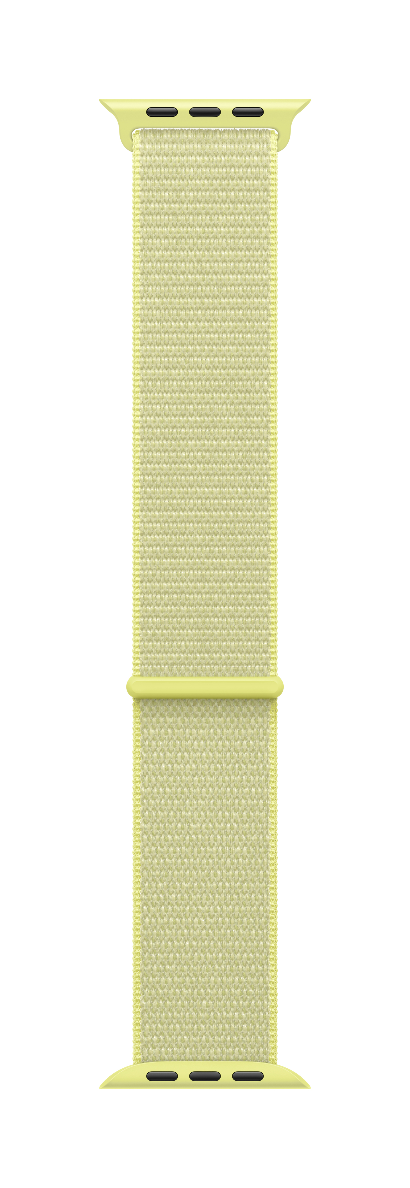 Un cinturino Apple Watch giallo chiaro. È realizzato in materiale tessuto. Il cinturino ha connettori gialli e un passante giallo.