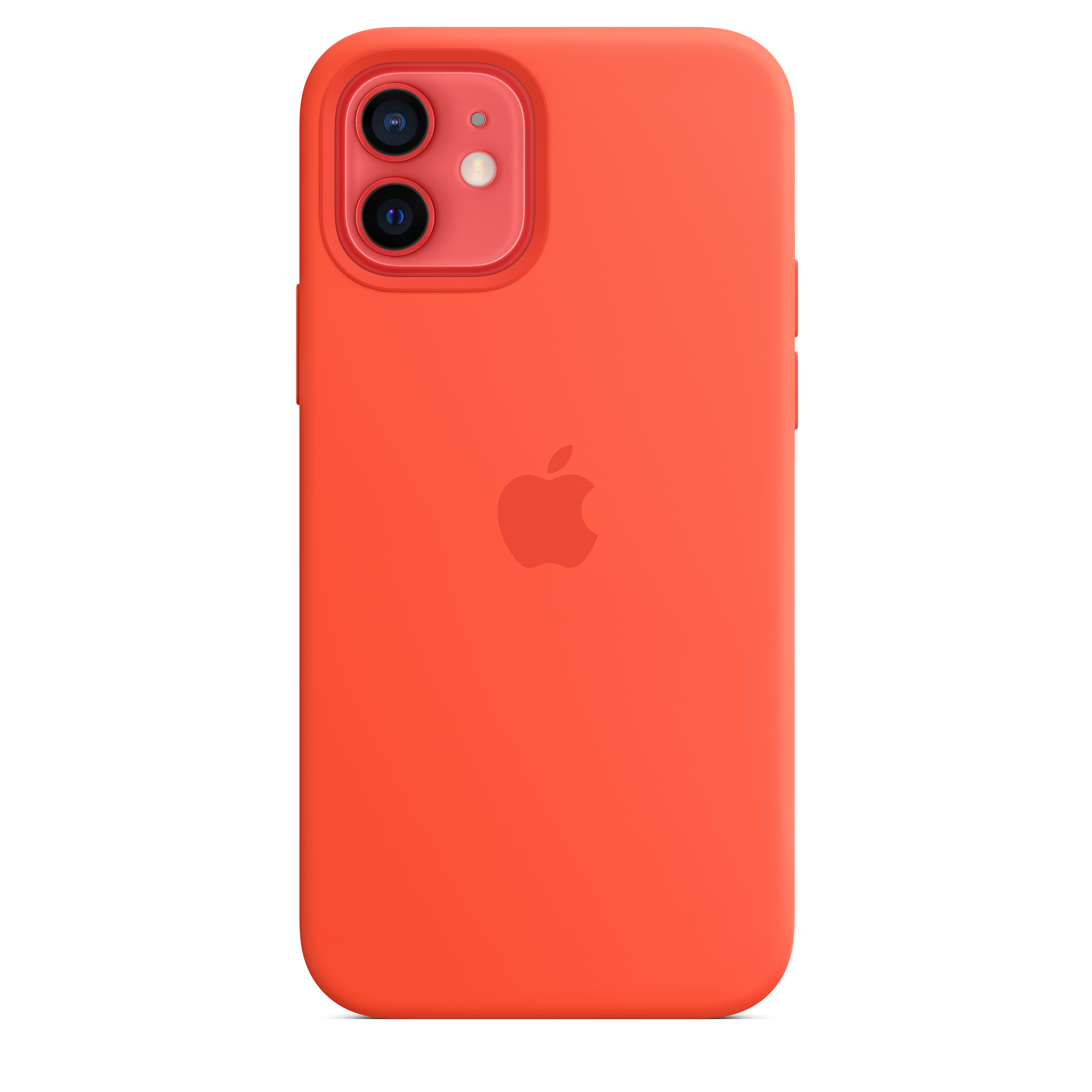 Eine orangefarbene iPhone-Hülle mit Kameralinsen, Apple-Logo und Knöpfen. Sie hat eine einfarbige Farbe und abgerundete Ecken.
