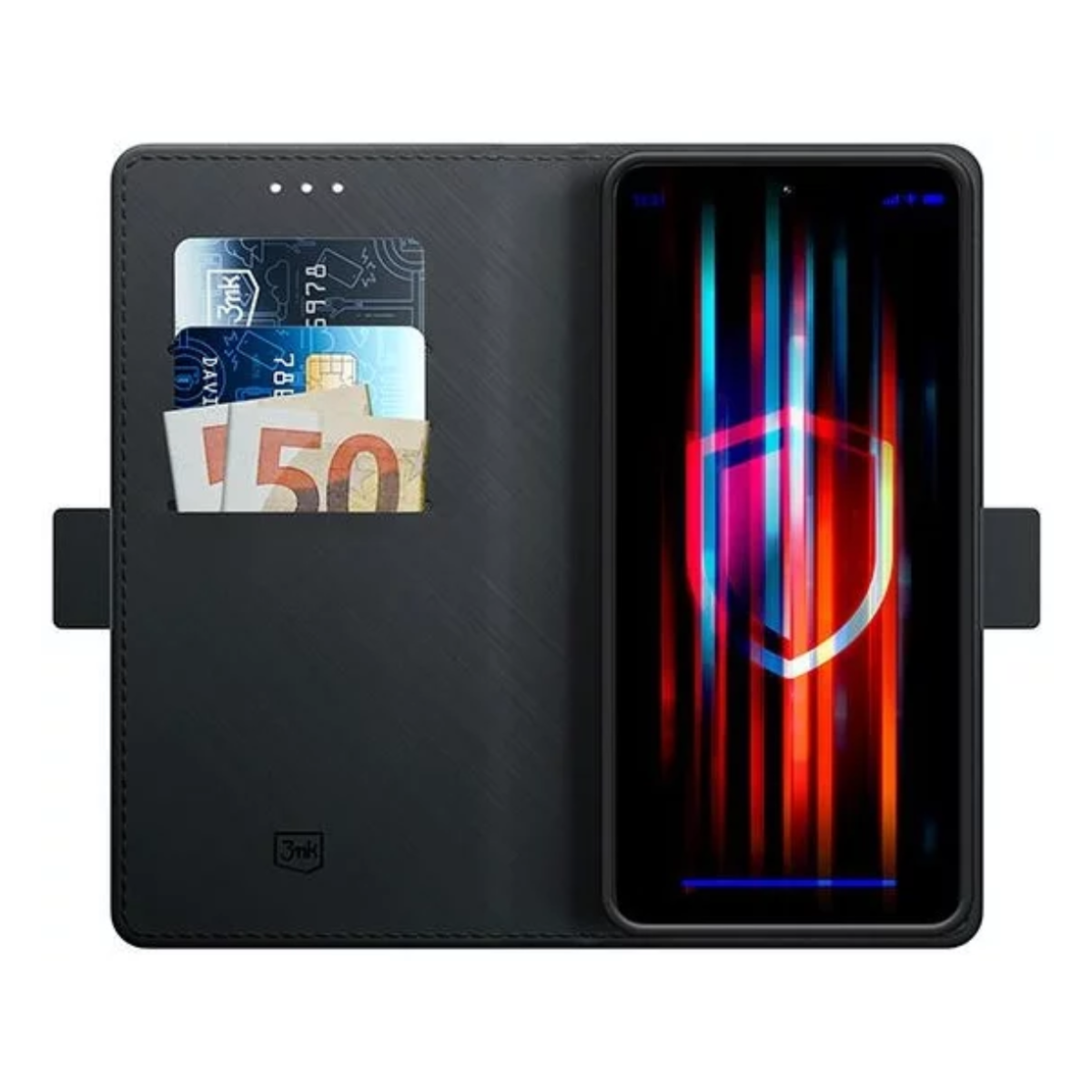 Custodia per telefono nera aperta, mostra telefono con grafica a scudo e carte/denaro. Custodia similpelle con logo 3mk.