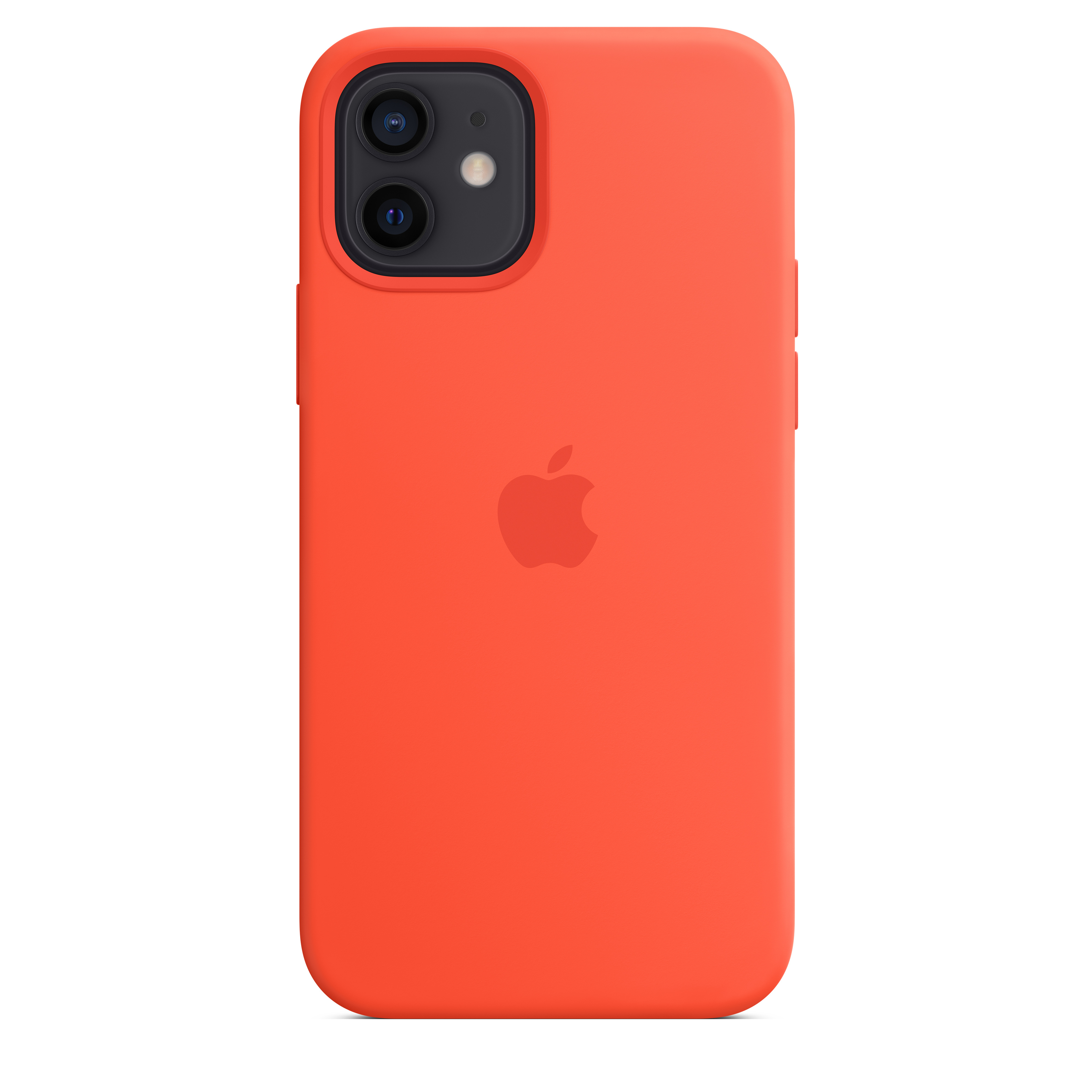 Eine orangefarbene Handyhülle mit dem Apple-Logo auf der Rückseite. Die Kamera befindet sich oben mit schwarzem Hintergrund.