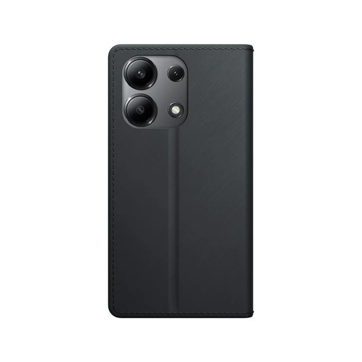 Custodia nera per smartphone con obiettivi della fotocamera visibili. La custodia è chiusa, con superficie strutturata.