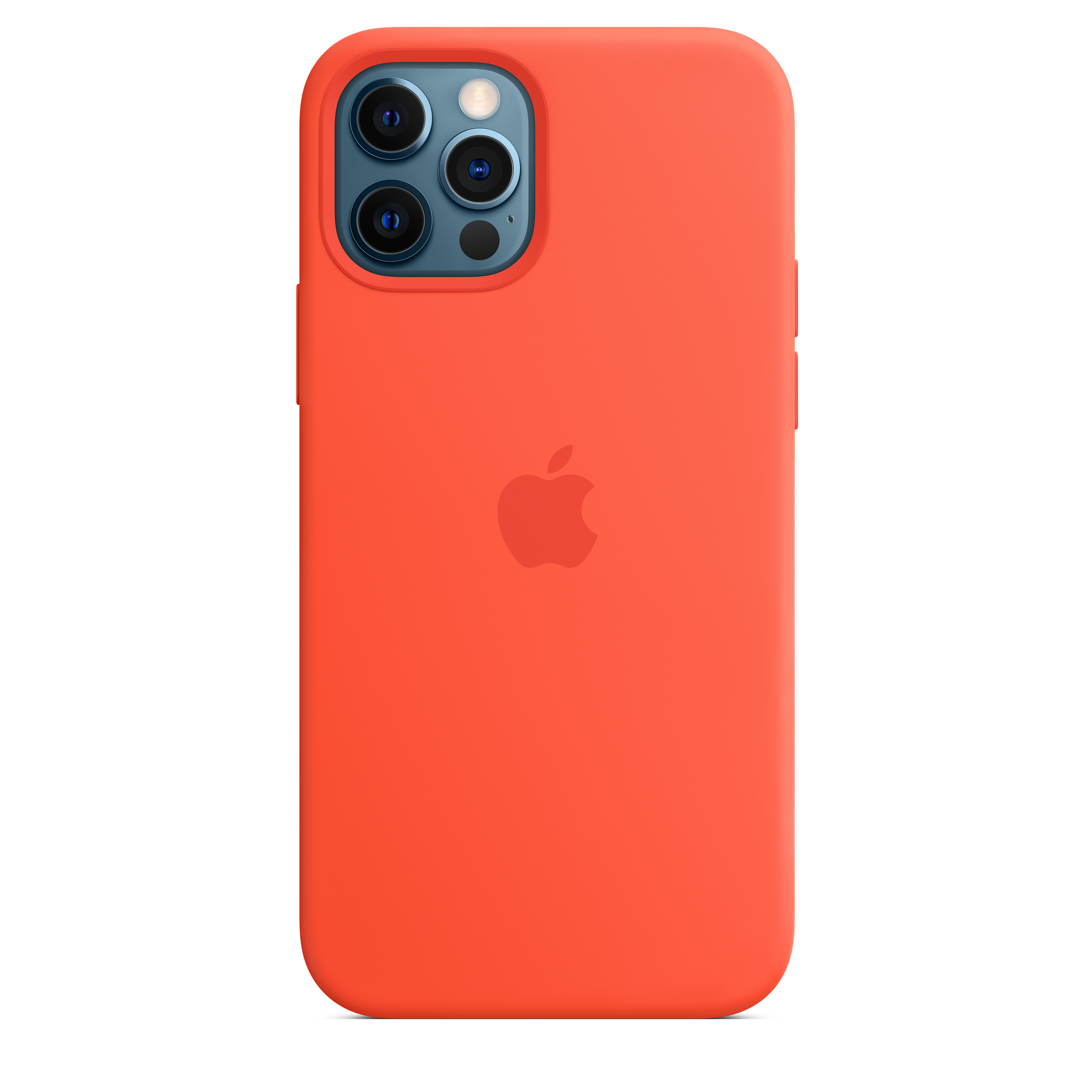 Eine orangefarbene iPhone-Hülle mit dem Apple-Logo. Die Hülle hat drei Kameralinsen und einen Blitz.
