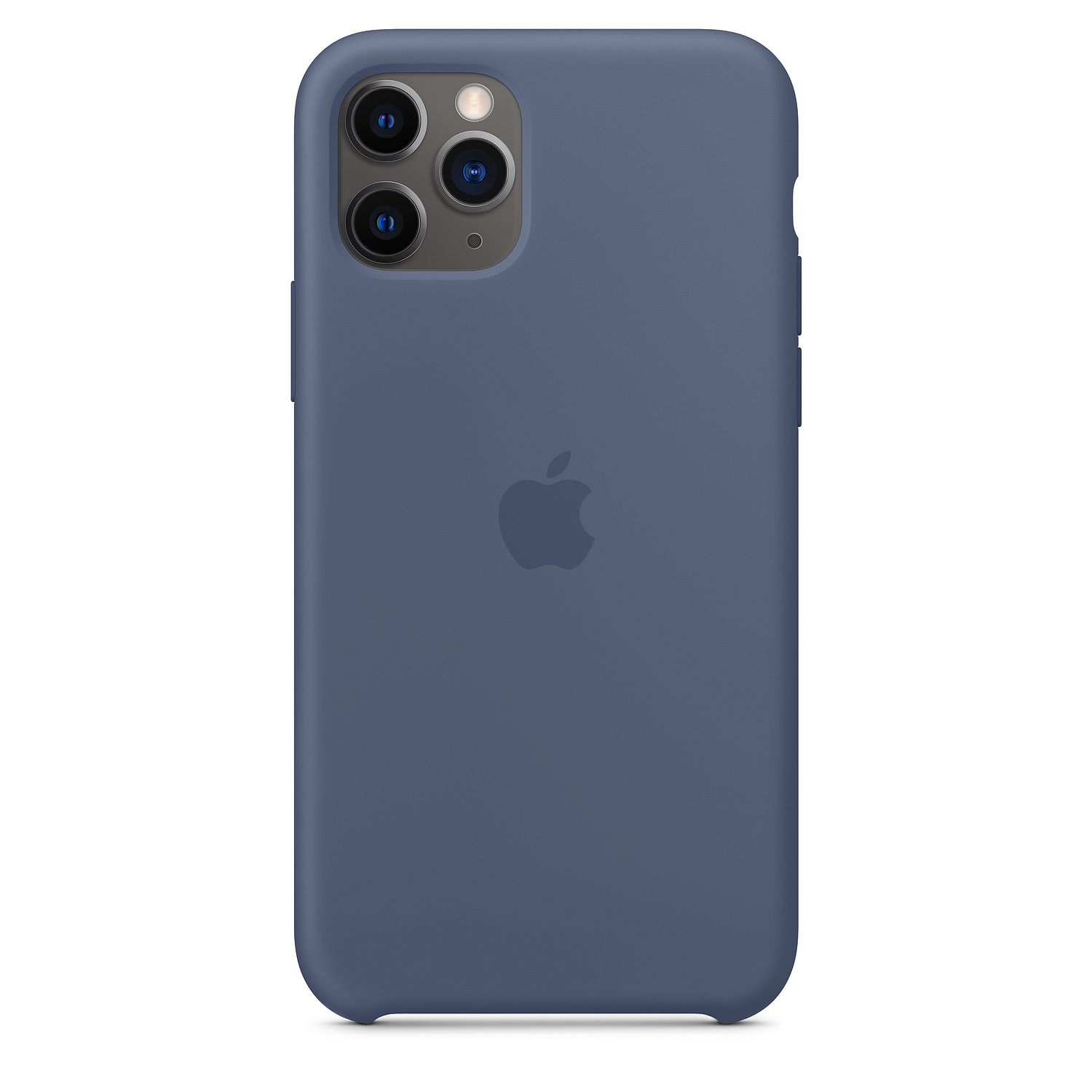 A blue iPhone case. The Apple logo is visible. The camera lenses are at the top left. The background is white.