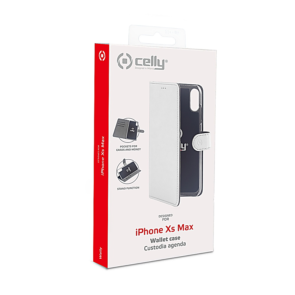 Una custodia a portafoglio per iPhone Xs Max bianca e nera, marchio 'celly', progettata per carte e denaro, con funzione stand, su sfondo bianco.