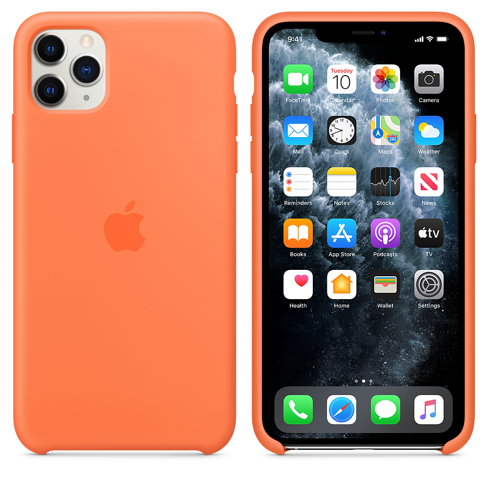 Een oranje iPhone in een hoesje, met het startscherm met app-pictogrammen.