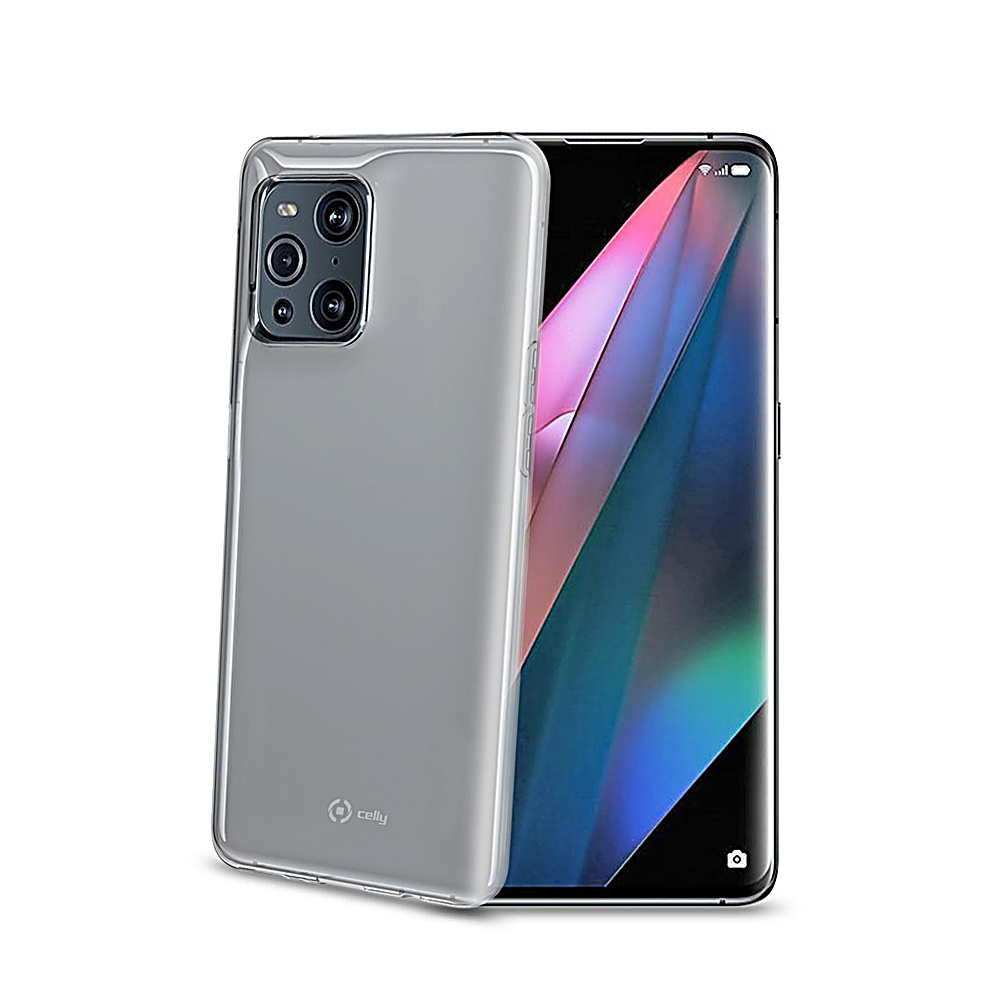 Uno smartphone con custodia trasparente su superficie bianca. Lo schermo mostra un'immagine astratta colorata.