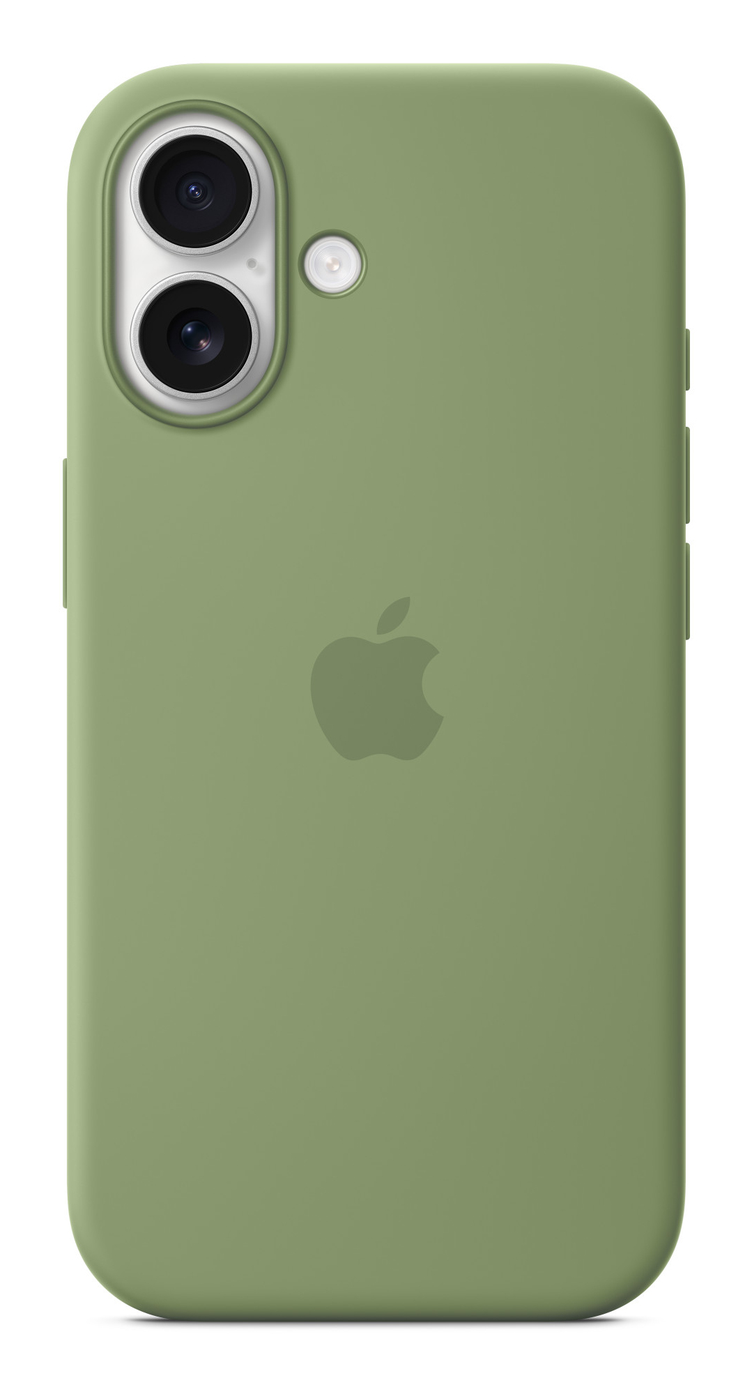 Una custodia verde per telefono. Ha due obiettivi, un flash e un logo Apple sul retro.