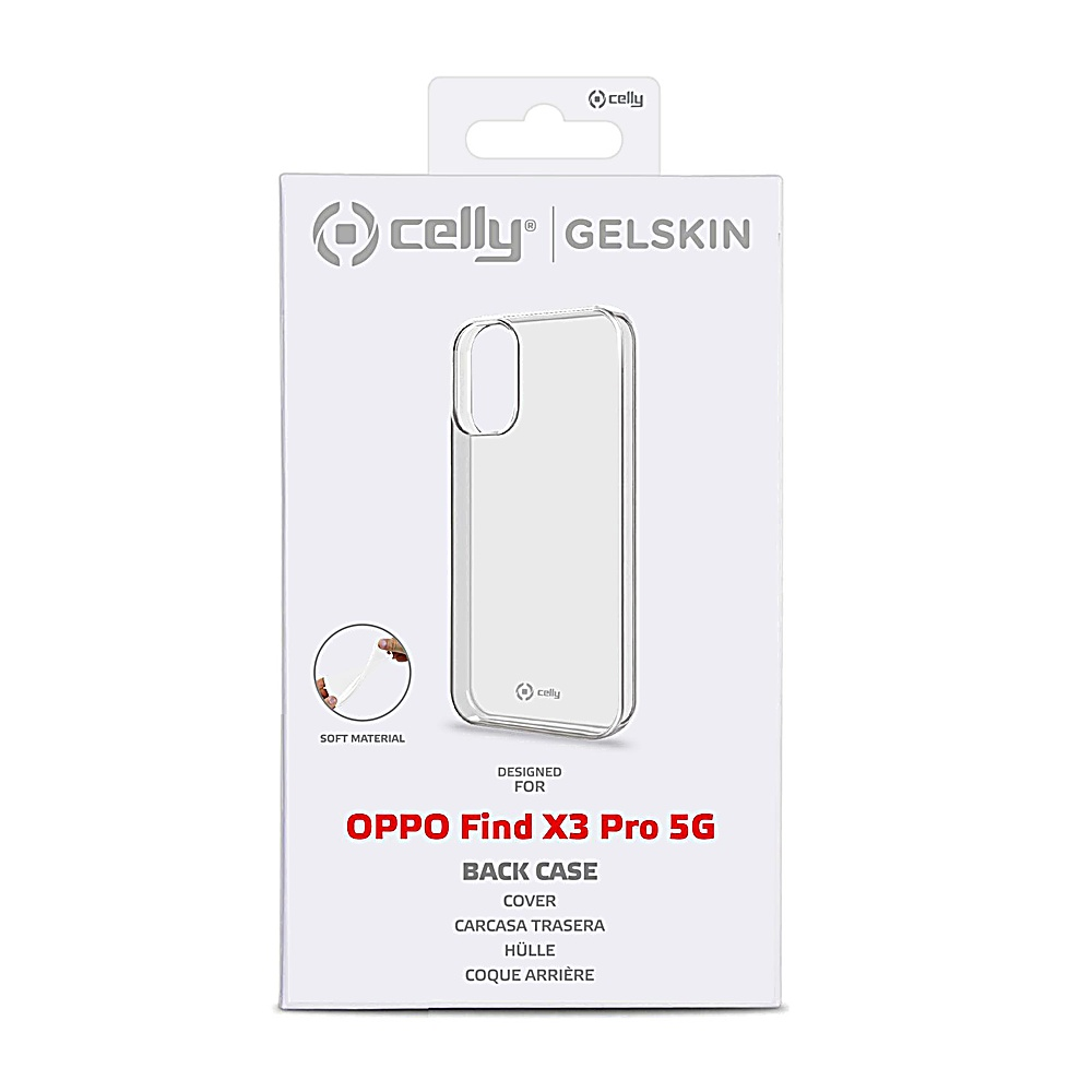 Una scatola bianca con una custodia trasparente per telefono. Il testo include 'celly', 'GELSKIN', 'OPPO Find X3 Pro 5G' e 'BACK CASE'.