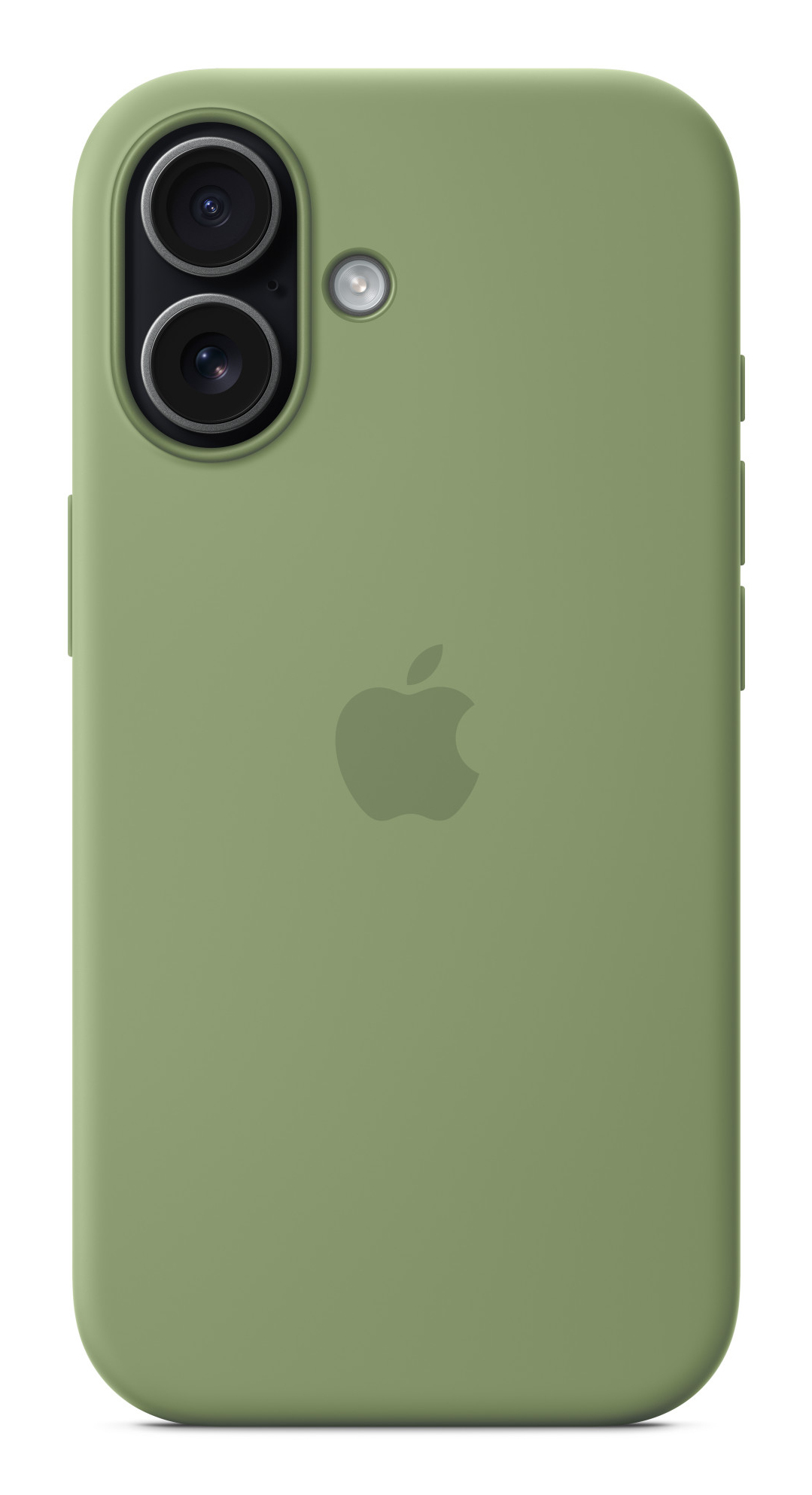 Custodia verde per telefono con due fotocamere, un flash e un logo Apple. La custodia è su sfondo bianco.