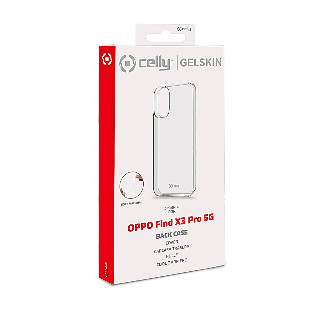 Una scatola per custodia per telefono con custodia trasparente. Marchio 'celly'. Testo: 'OPPO Find X3 Pro 5G BACK CASE'. Dominano i colori rosso e bianco.