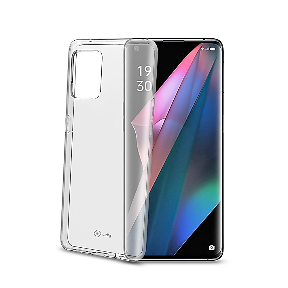 Uno smartphone con una custodia protettiva trasparente. Lo schermo mostra un'immagine astratta colorata. La custodia è trasparente e mostra il design del telefono.