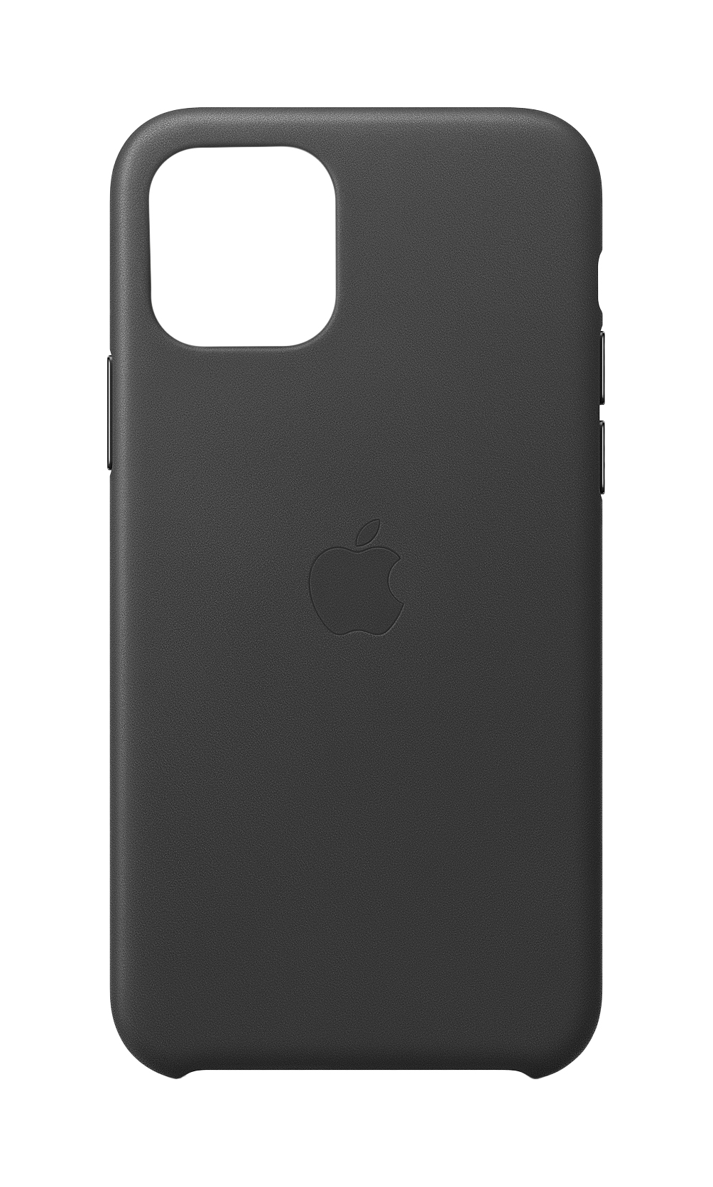 A dark gray iPhone case with an Apple logo. It has a camera cutout and side buttons.