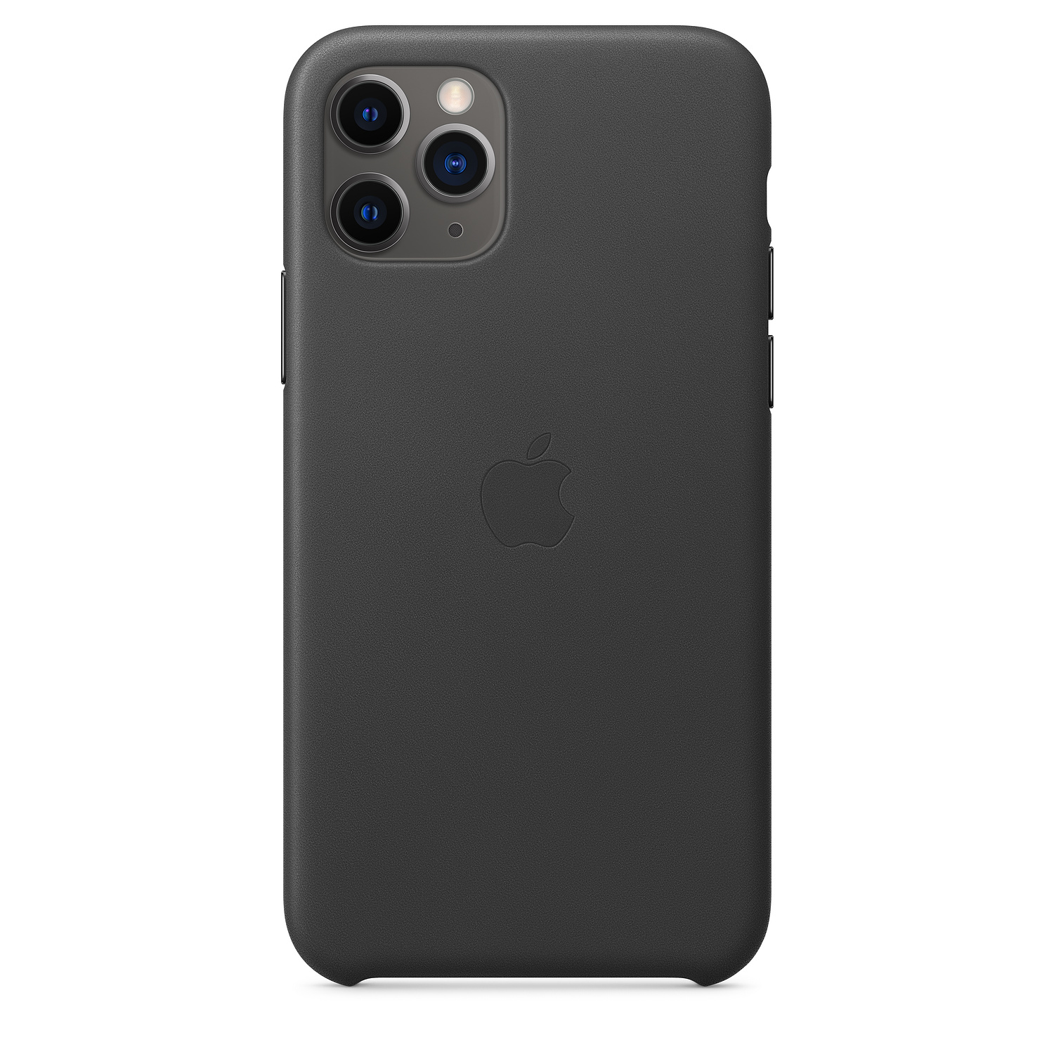 A dark gray iPhone 11 Pro with a leather case. The phone has three camera lenses. The Apple logo is on the back.