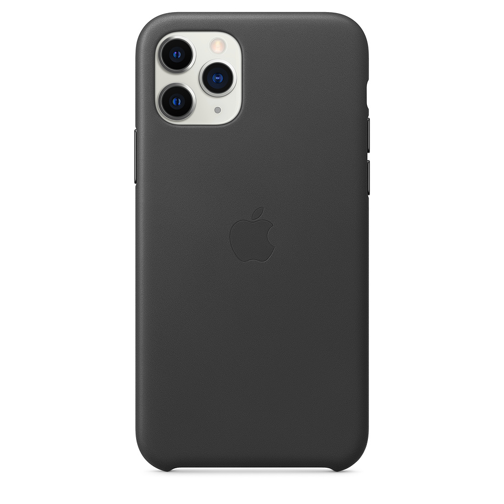 A dark gray iPhone with a leather case. The Apple logo is in the middle. The camera has three lenses.