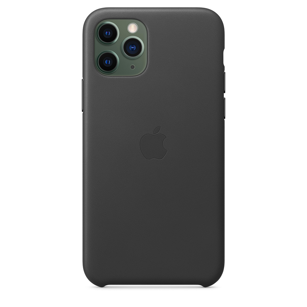 A dark gray iPhone 11 Pro with a leather case. The back shows the Apple logo and camera lenses.