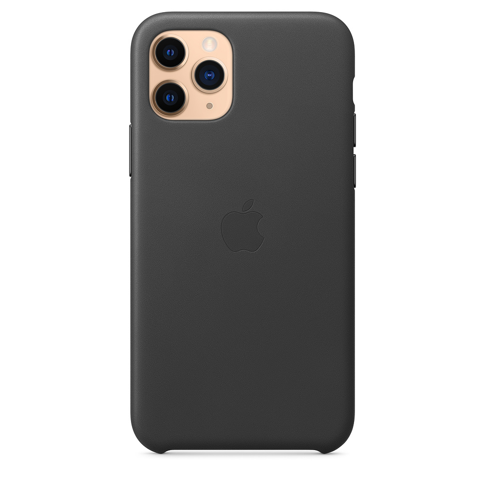 A dark gray iPhone 11 Pro with a leather case. The back shows the Apple logo and the camera array.