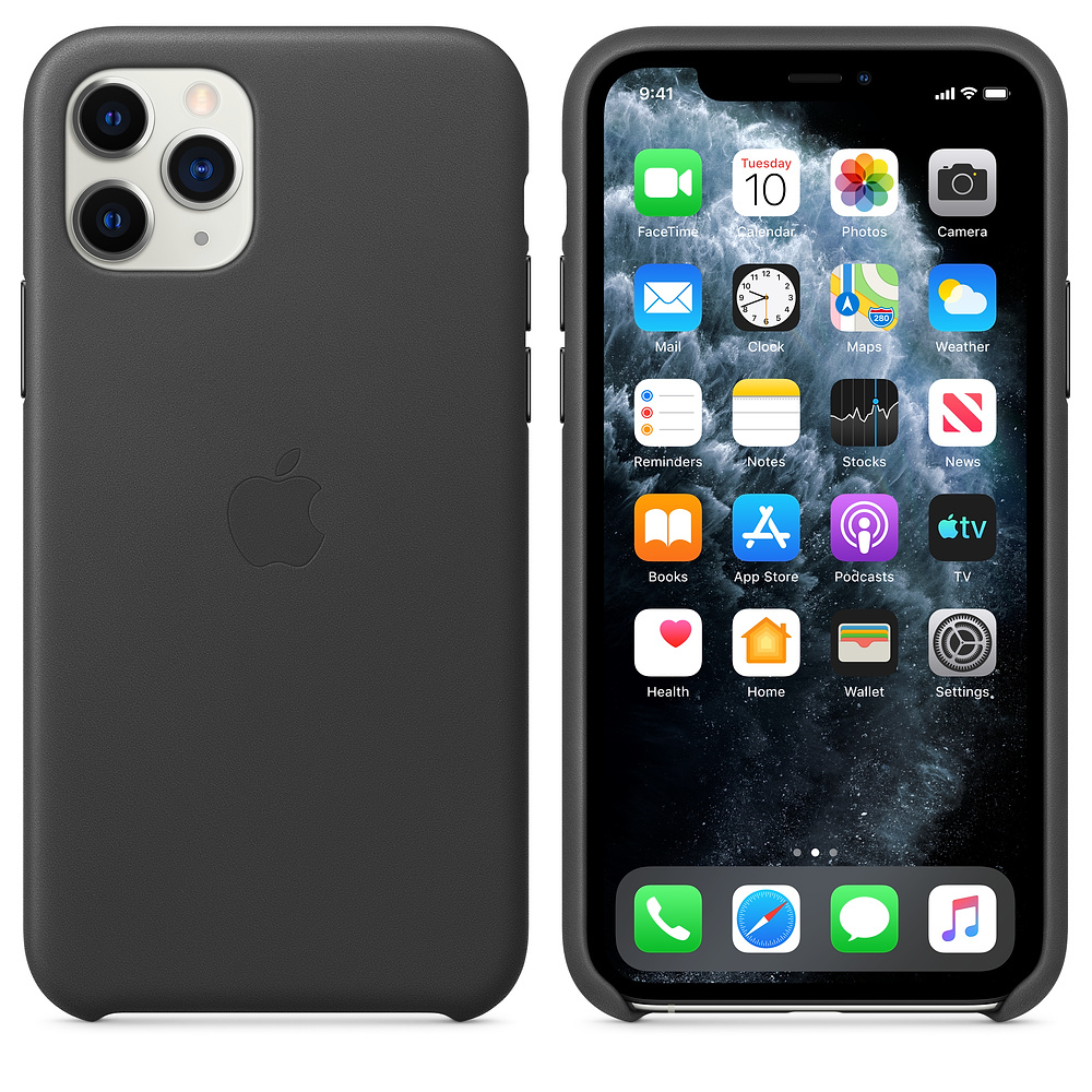 A dark gray iPhone with a leather case is displayed. The screen shows app icons. The phone is next to its case.