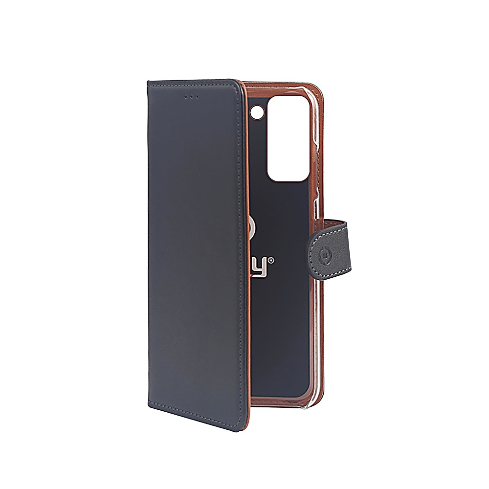Una custodia per telefono blu scuro aperta, che rivela il telefono e un bordo marrone. La custodia ha una chiusura magnetica.
