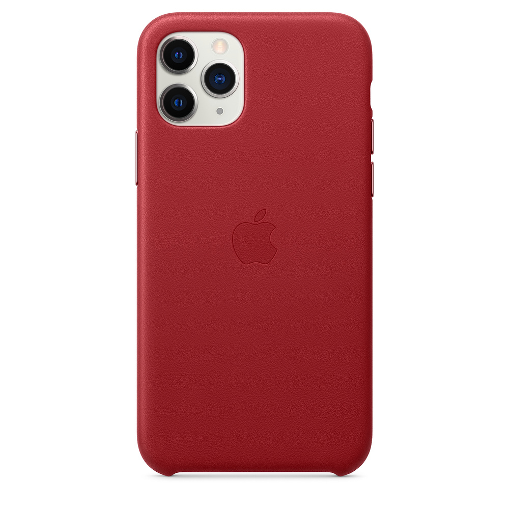 A red iPhone case with the Apple logo embossed in the center. The camera lenses are visible at the top.