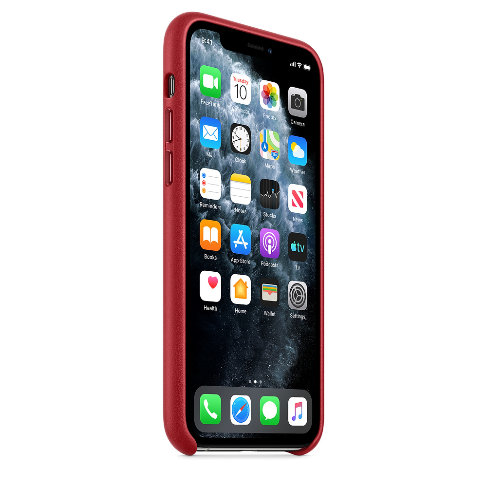 An iPhone with a red case displays apps. The screen shows app icons, including FaceTime, Mail, and the App Store, on a white background.