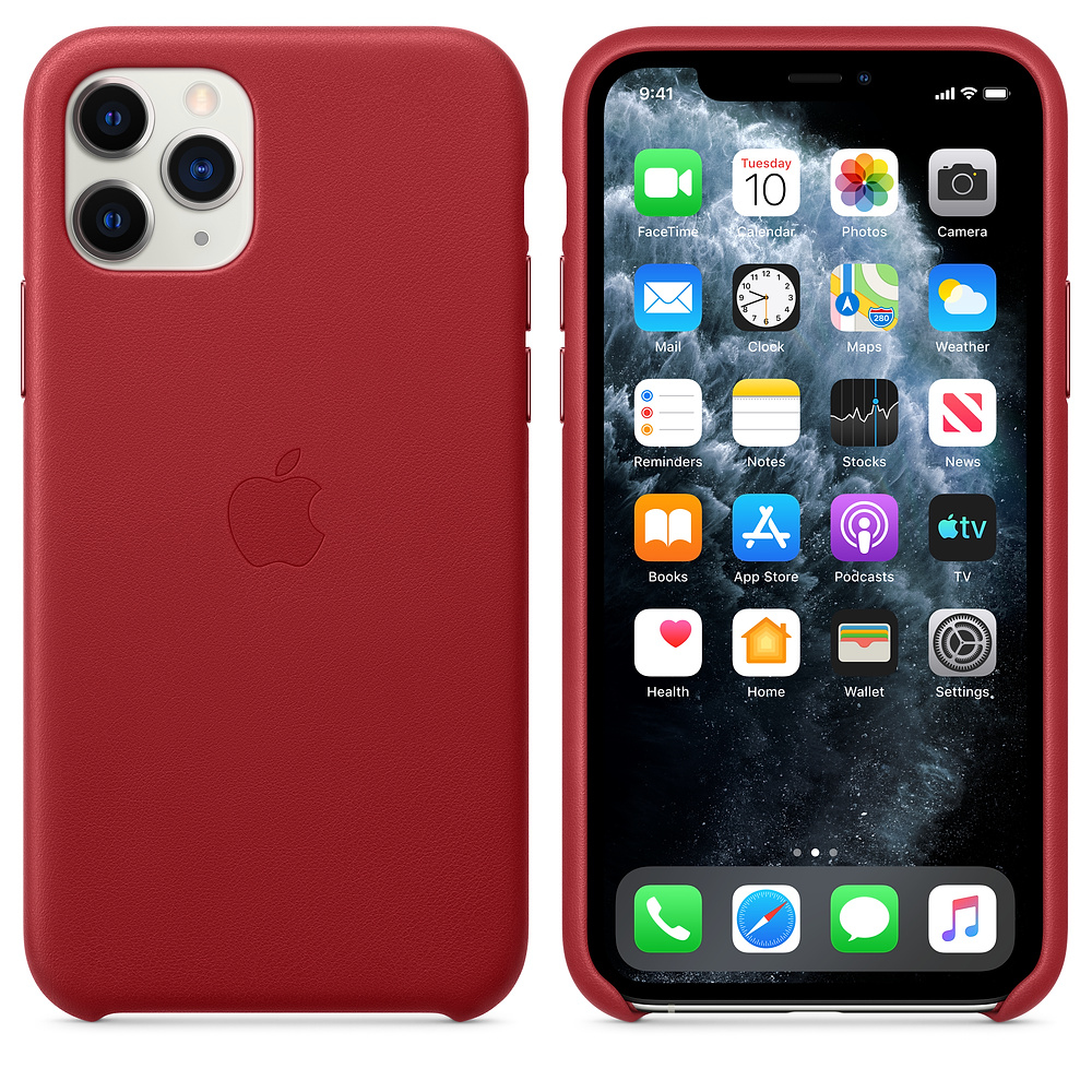 A red iPhone in a matching case displays apps. The case has an Apple logo. The screen shows app icons, including FaceTime and Calendar.