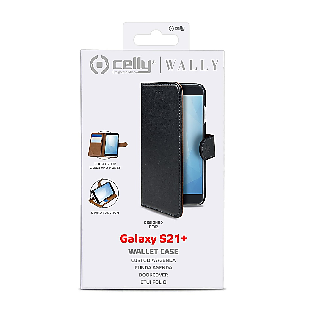 Una custodia a portafoglio per telefono Galaxy S21+ in una scatola bianca. La custodia è nera, con un telefono all'interno. La scatola ha testo e illustrazioni.