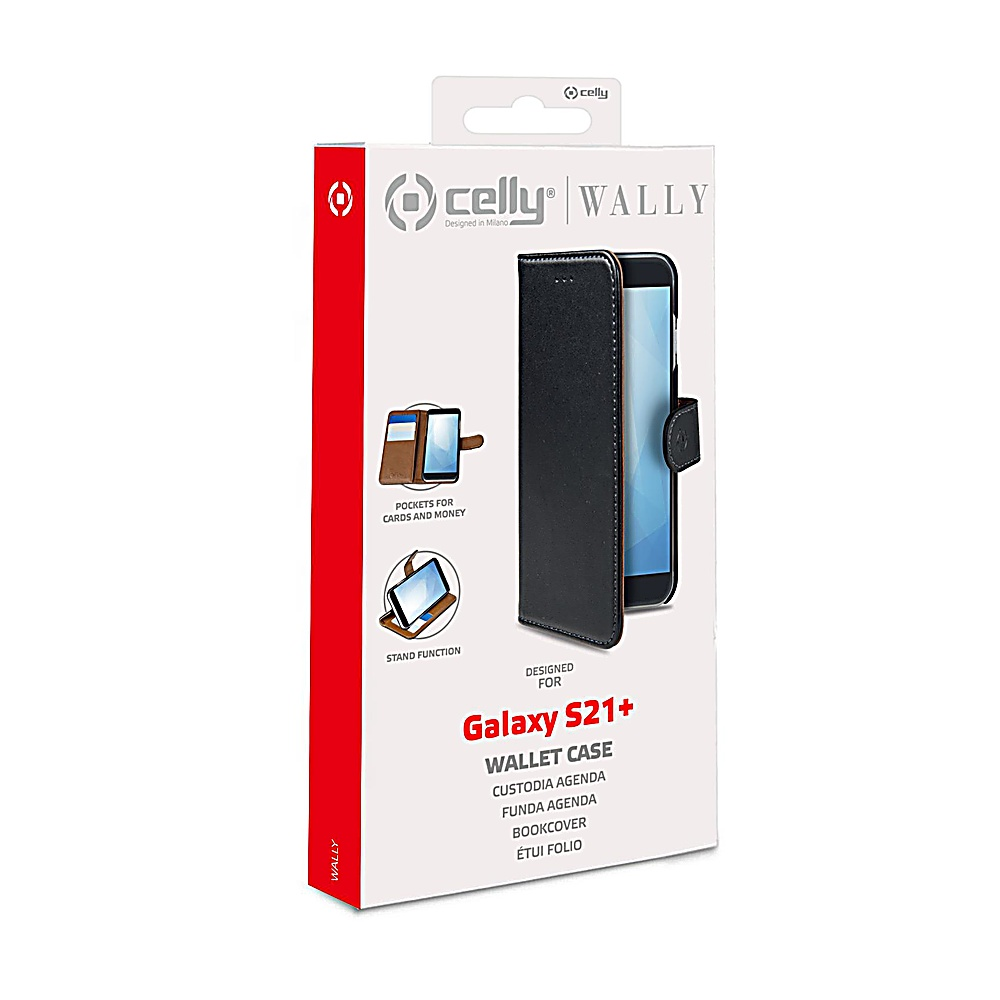 Una scatola di custodia per telefono. Mostra una custodia a portafoglio nera per un telefono Galaxy S21+. La scatola ha il marchio 'celly'.
