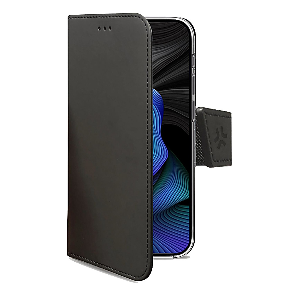 Una custodia nera per telefono è aperta, rivelando uno schermo del telefono con un disegno a onde blu. La custodia ha una cinghia magnetica.
