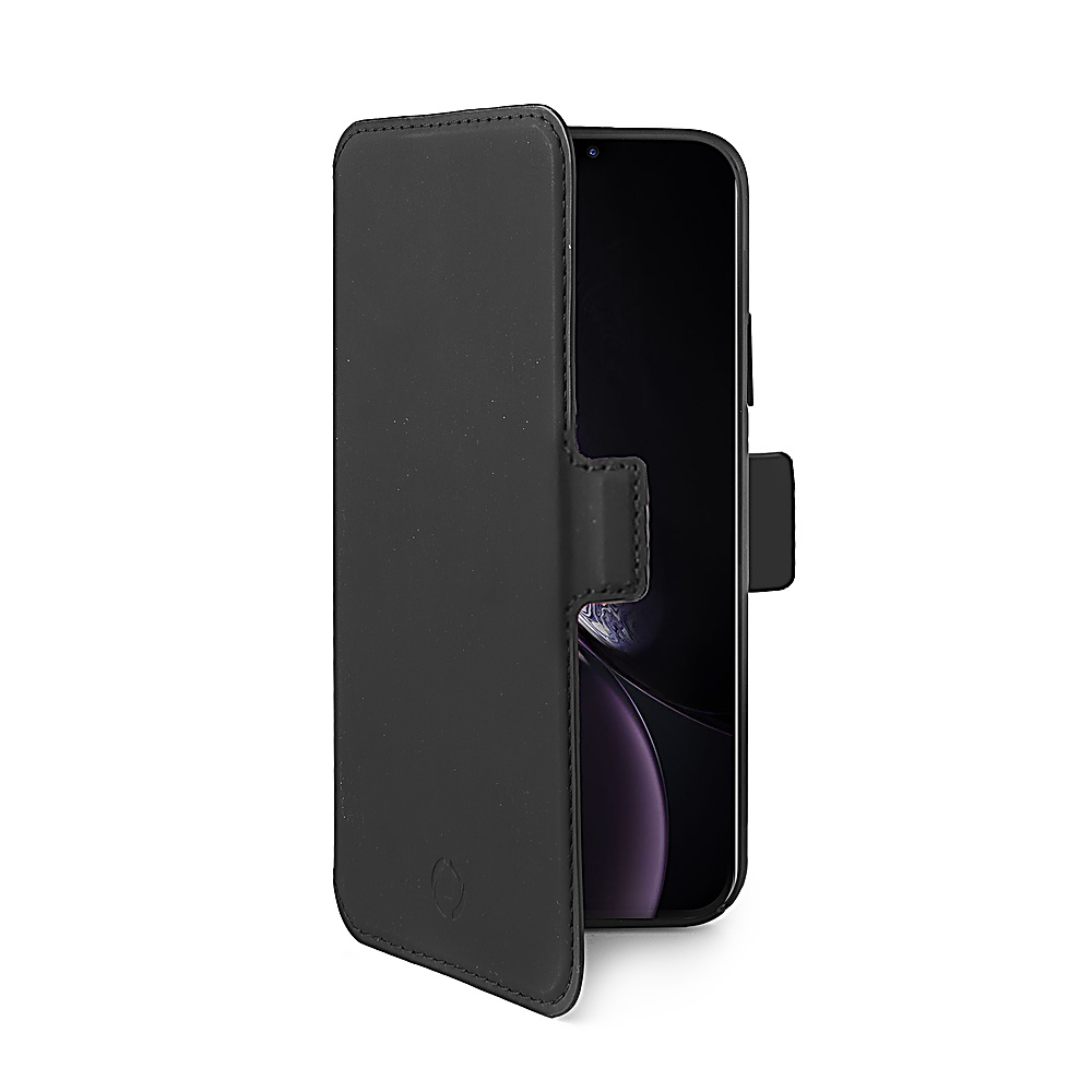 Custodia nera aperta, che rivela uno smartphone. La custodia ha una chiusura magnetica ed è in pelle. Lo schermo del telefono è visibile.