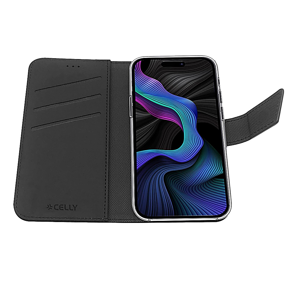 Custodia per telefono nera con un telefono che mostra un design a onde colorate. La custodia è aperta, mostrando il telefono e gli slot per schede.