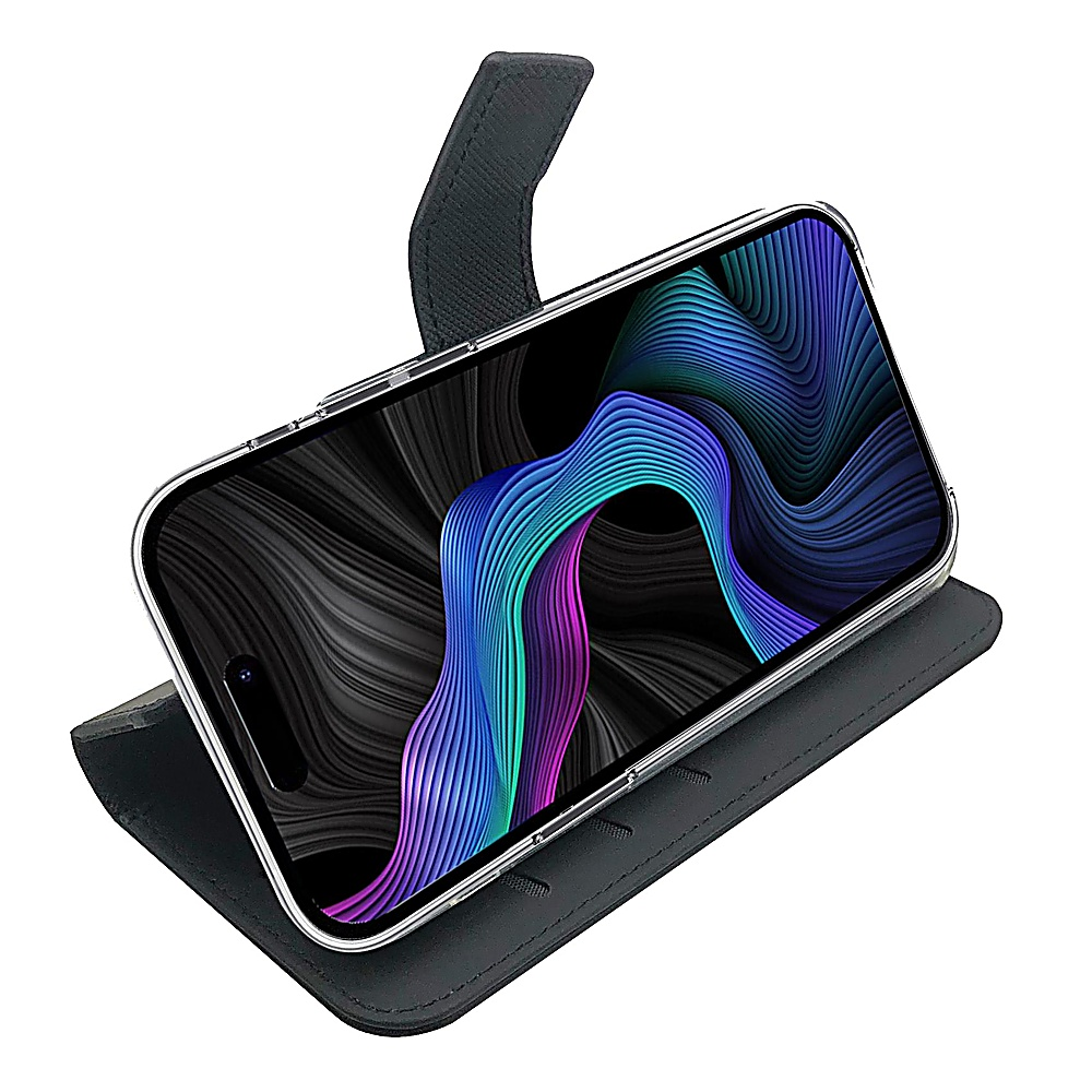 Uno smartphone in una custodia nera è mostrato. Lo schermo ha un design a onde astratto e colorato.